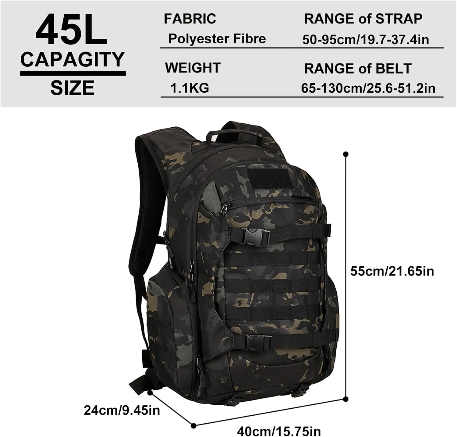 Tactical Travel Backpack Large Military Tactical Assault Pack, 3 Day Heavy Duty Camping Rucksack, 45L Hiking Bags (Black Camo)