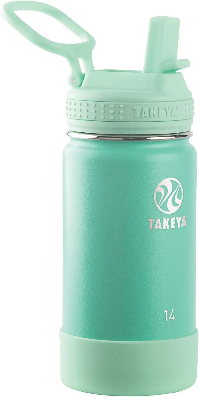 Takeya Actives Kids Water Bottle with Straw Lid - Stainless-Steel Double Wall Insulation - BPA-Free Bottle Lid with Carry Handle - Reusable Bottle & Straw Lid - 14 oz, Seafoam