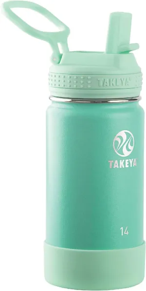 Takeya Actives Kids Water Bottle with Straw Lid - Stainless-Steel Double Wall Insulation - BPA-Free Bottle Lid with Carry Handle - Reusable Bottle & Straw Lid - 14 oz, Seafoam