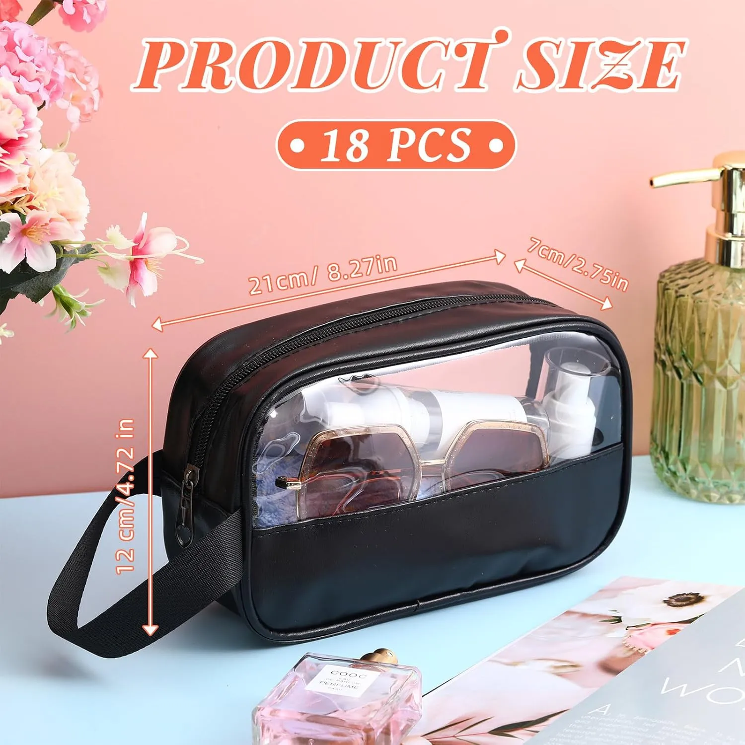 Tanlade 18 Pcs Clear Cosmetic Bags Bulk, Translucent Makeup Toiletry Bag for Women Waterproof Portable Cosmetic Bag Set Traveling Make up Organizer(Black)