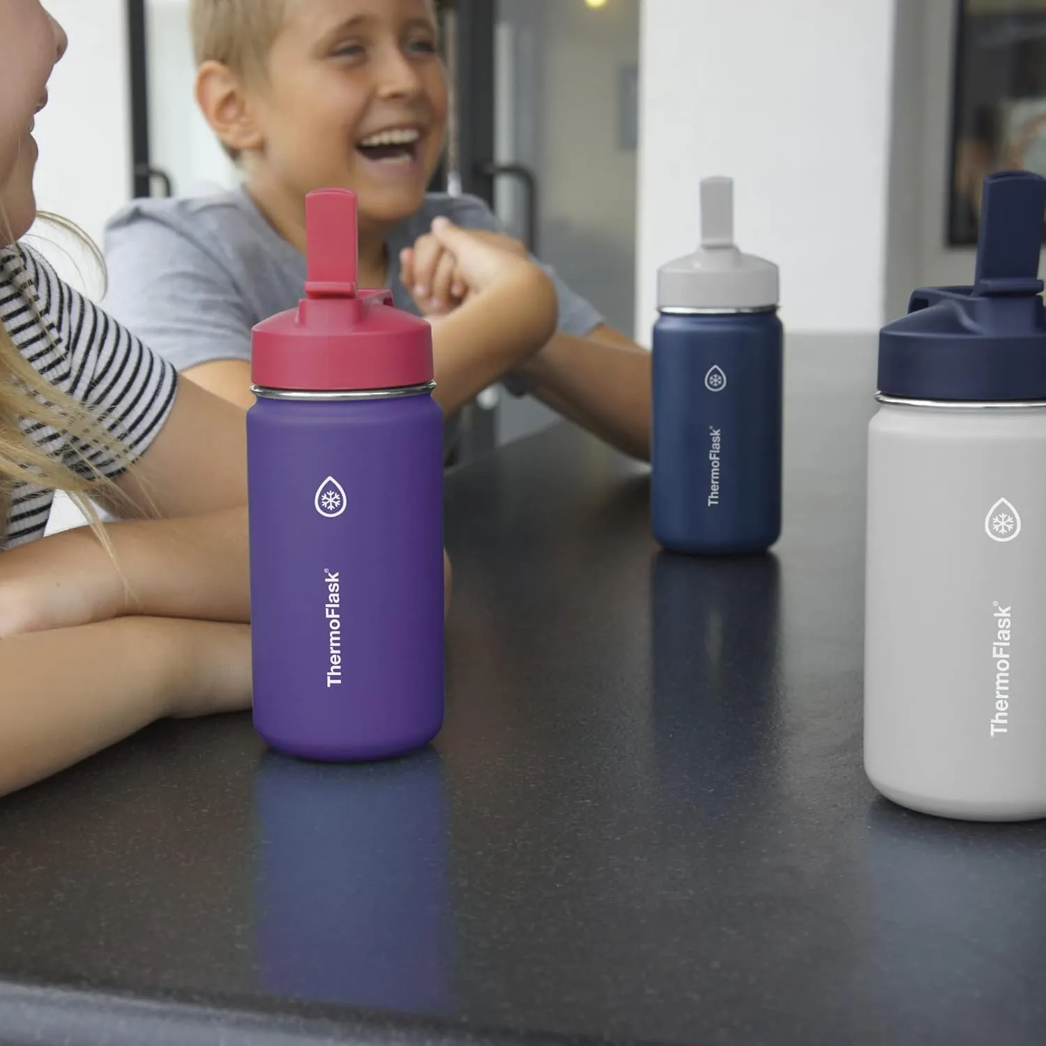 ThermoFlask Kids Bottle with Straw Lid - Durable & Dishwasher-Safe Water Bottles & Lids - Leak-Proof Bottle Lid Design - Reusable Water Bottles for Everyday Use - 14 oz, Punch/Eggplant (2 Pack)