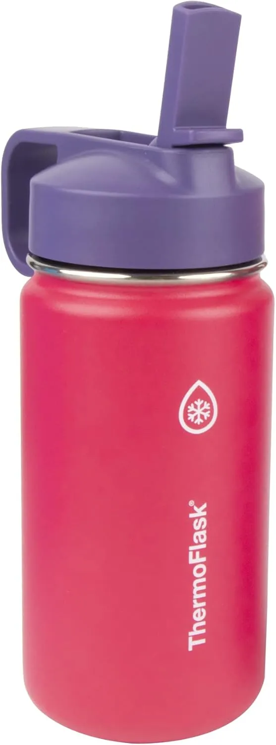 ThermoFlask Kids Bottle with Straw Lid - Durable & Dishwasher-Safe Water Bottles & Lids - Leak-Proof Bottle Lid Design - Reusable Water Bottles for Everyday Use - 14 oz, Punch/Eggplant (2 Pack)
