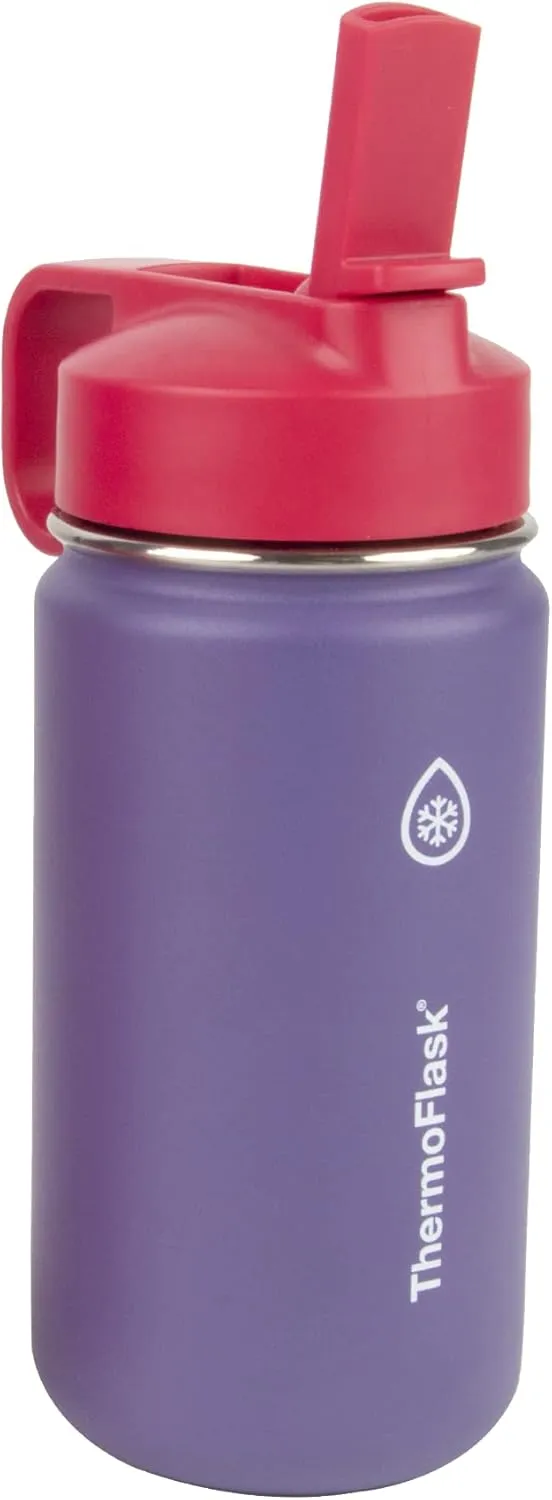 ThermoFlask Kids Bottle with Straw Lid - Durable & Dishwasher-Safe Water Bottles & Lids - Leak-Proof Bottle Lid Design - Reusable Water Bottles for Everyday Use - 14 oz, Punch/Eggplant (2 Pack)