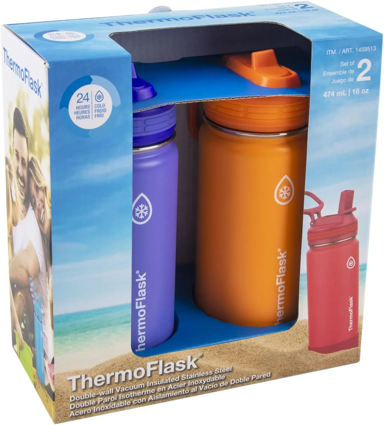 ThermoFlask Kids Bottle with Straw Lid - Durable & Dishwasher-Safe Water Bottles & Lids - Leak-Proof Bottle Lid Design - Reusable Water Bottles for Everyday Use - 16 oz, Purple/Orange (2 Pack)
