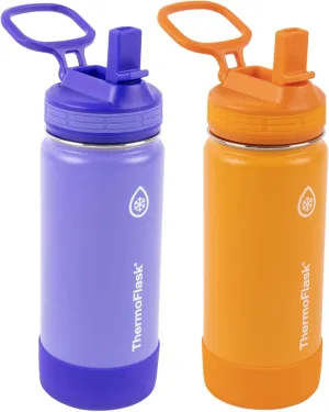 ThermoFlask Kids Bottle with Straw Lid - Durable & Dishwasher-Safe Water Bottles & Lids - Leak-Proof Bottle Lid Design - Reusable Water Bottles for Everyday Use - 16 oz, Purple/Orange (2 Pack)