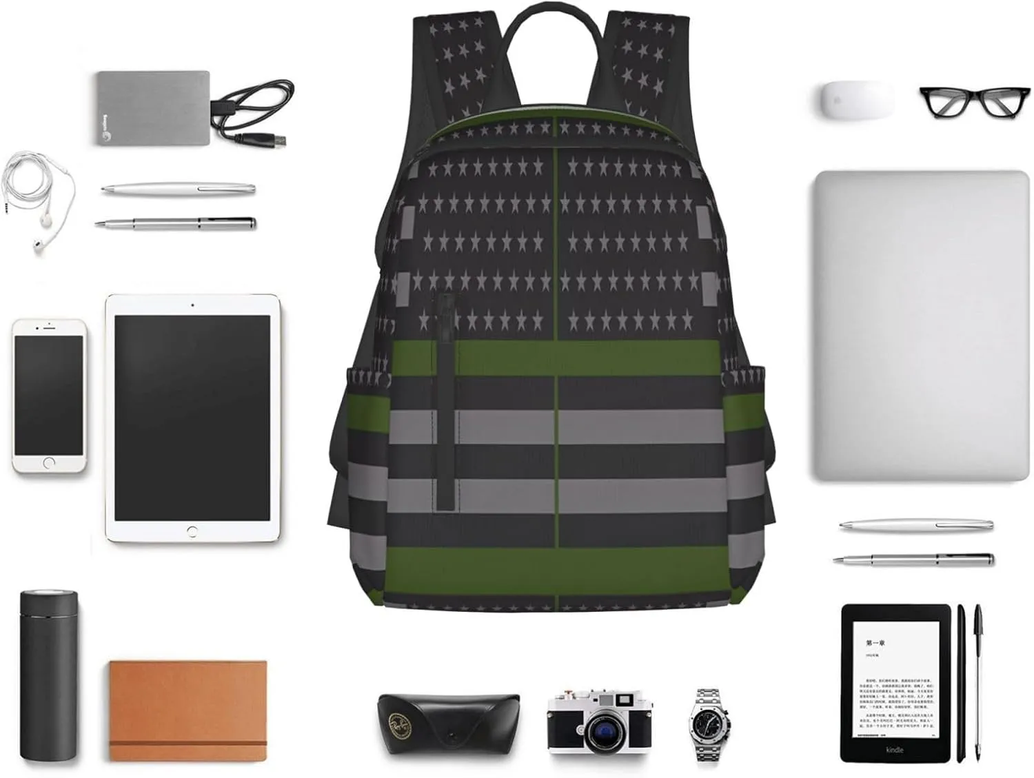 Thin Green Line American Flag Casual Backpacks Laptop Backpack Outdoor Travel Rucksack Sport Carry-On Daypack Lightweight Bag with Multi-Pockets