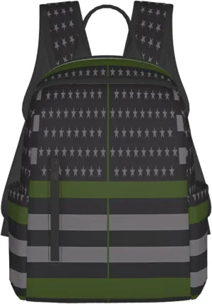 Thin Green Line American Flag Casual Backpacks Laptop Backpack Outdoor Travel Rucksack Sport Carry-On Daypack Lightweight Bag with Multi-Pockets