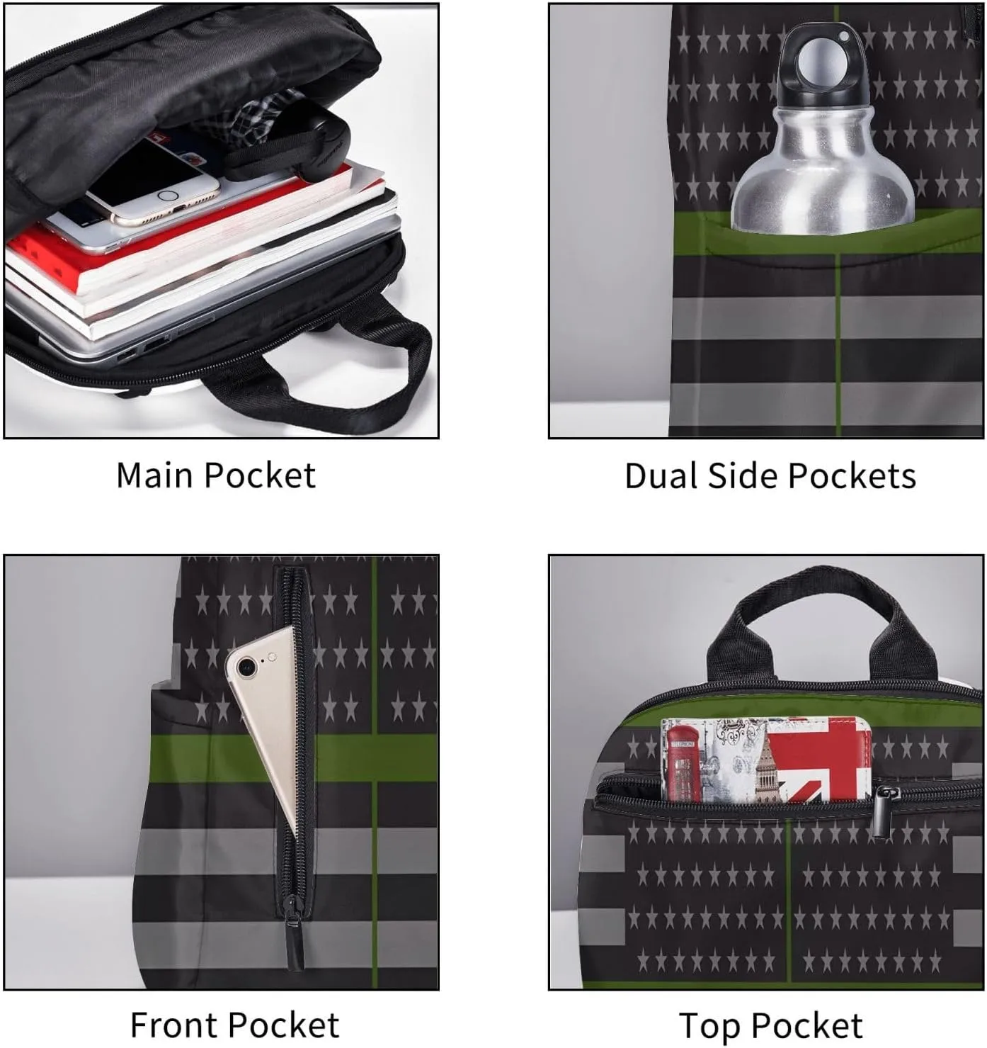 Thin Green Line American Flag Casual Backpacks Laptop Backpack Outdoor Travel Rucksack Sport Carry-On Daypack Lightweight Bag with Multi-Pockets