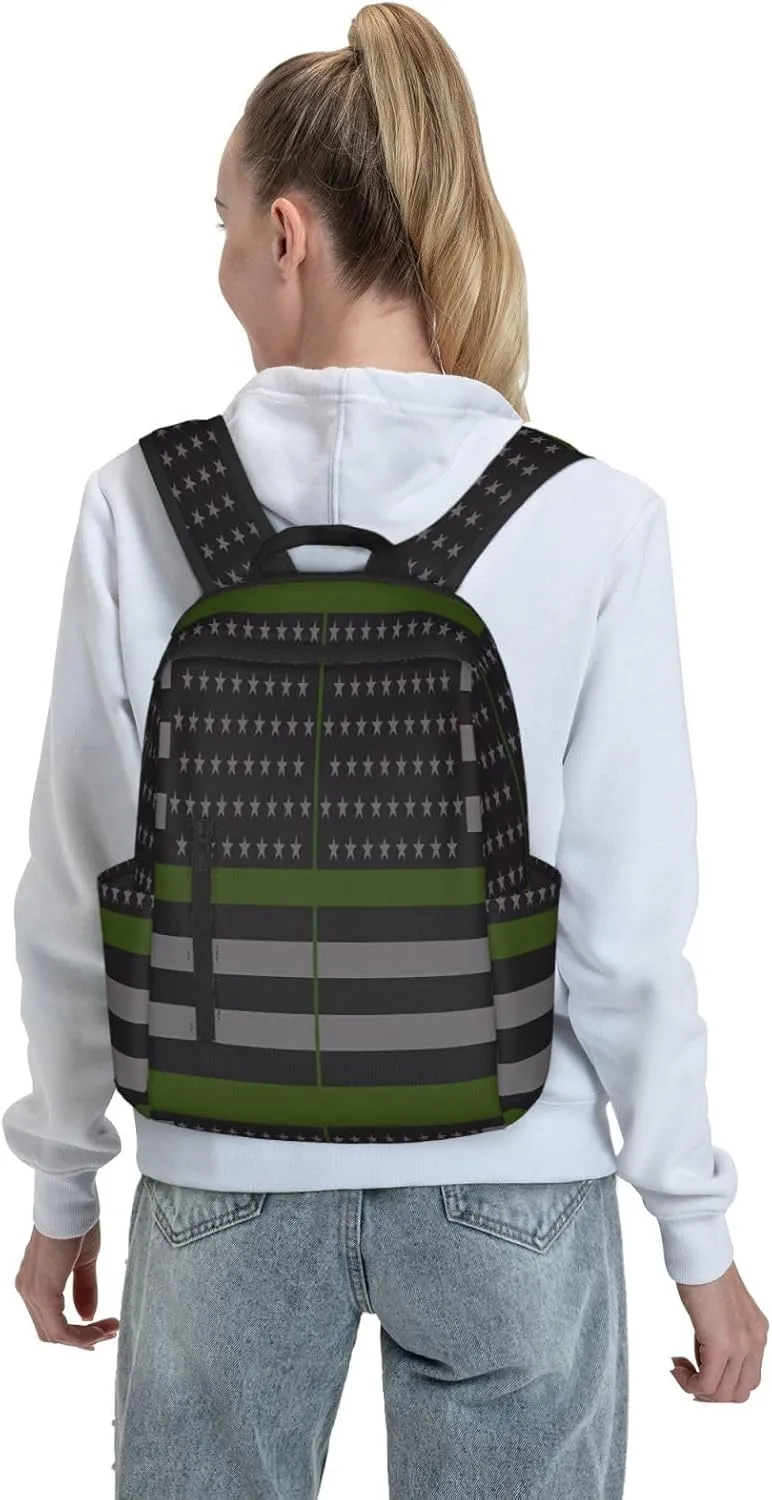 Thin Green Line American Flag Casual Backpacks Laptop Backpack Outdoor Travel Rucksack Sport Carry-On Daypack Lightweight Bag with Multi-Pockets