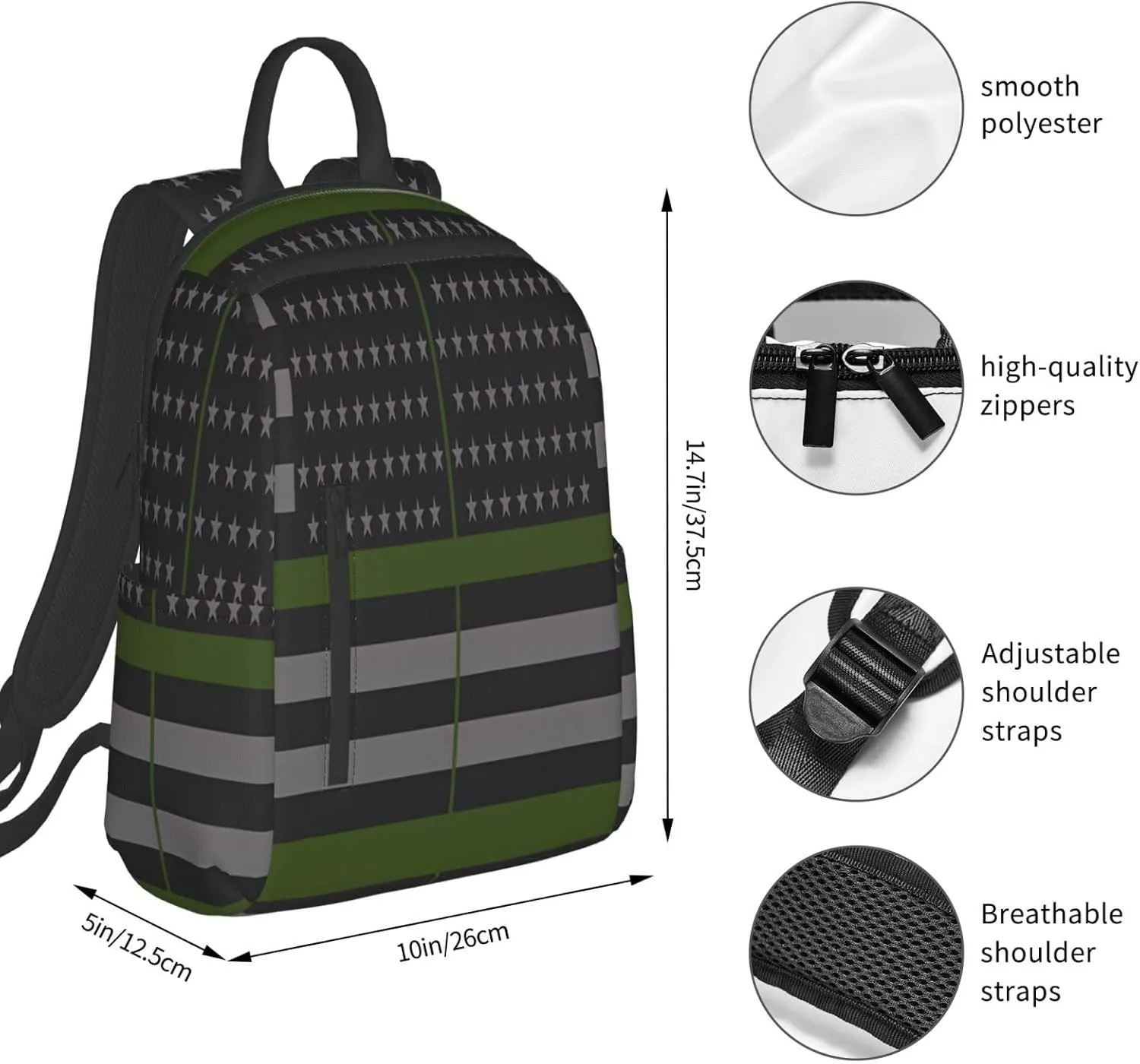 Thin Green Line American Flag Casual Backpacks Laptop Backpack Outdoor Travel Rucksack Sport Carry-On Daypack Lightweight Bag with Multi-Pockets