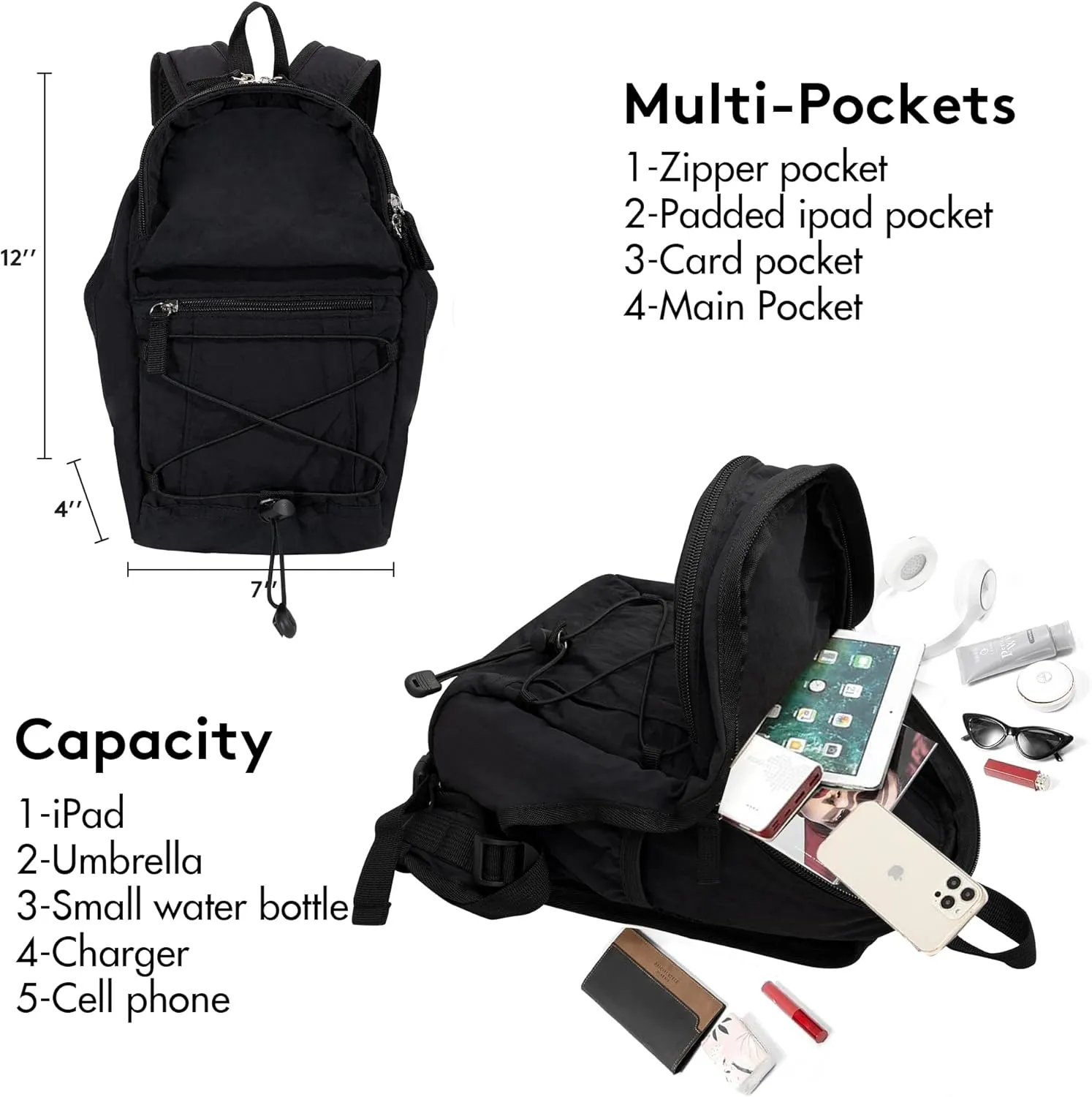 Tilami Mini Backpack for Women and Kids, 12inch Casual Daypack Backpacks for Travel,Black