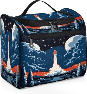 Toiletry Bag with Hanging Hook Makeup Bag Cartoon Rocket Launch Cosmetic Case Travel Organizer for Women Men Traveling Wash Bag