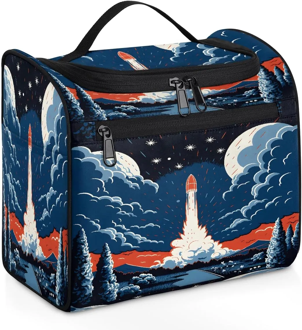Toiletry Bag with Hanging Hook Makeup Bag Cartoon Rocket Launch Cosmetic Case Travel Organizer for Women Men Traveling Wash Bag