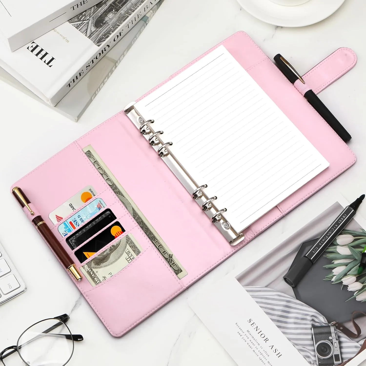 Toplive A5 Binder 6 Ring Refillable Notebook, PU Leather Planner Personal Budget Organizer Cover With Magnetic Closure for A5 Filler Loose Leaf Paper, Laser Rose Gold