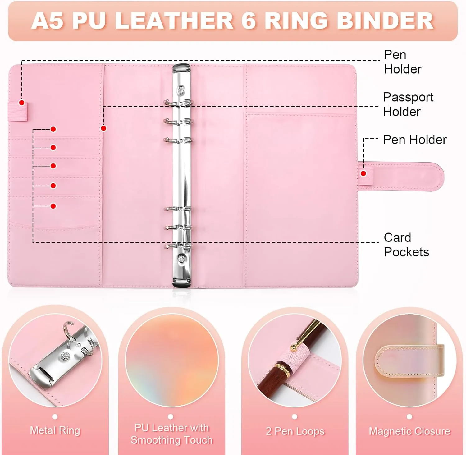 Toplive A5 Binder 6 Ring Refillable Notebook, PU Leather Planner Personal Budget Organizer Cover With Magnetic Closure for A5 Filler Loose Leaf Paper, Laser Rose Gold