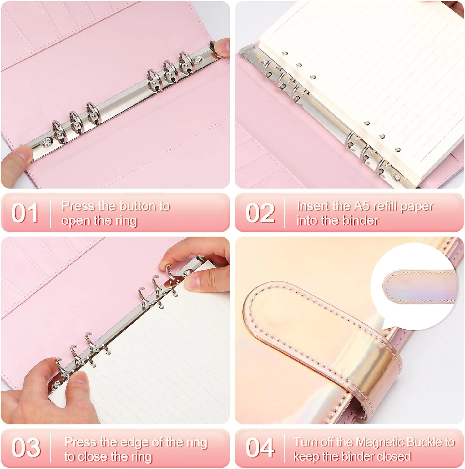 Toplive A5 Binder 6 Ring Refillable Notebook, PU Leather Planner Personal Budget Organizer Cover With Magnetic Closure for A5 Filler Loose Leaf Paper, Laser Rose Gold