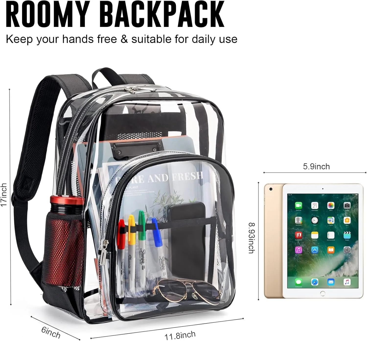 TPU Clear Backpack, Stadium Approved Large Clear Backpack, See Through Transparent Backpacks with Reinforced Strap for Stadium, Security, Work, Travel, College, Sporting Events, Concert