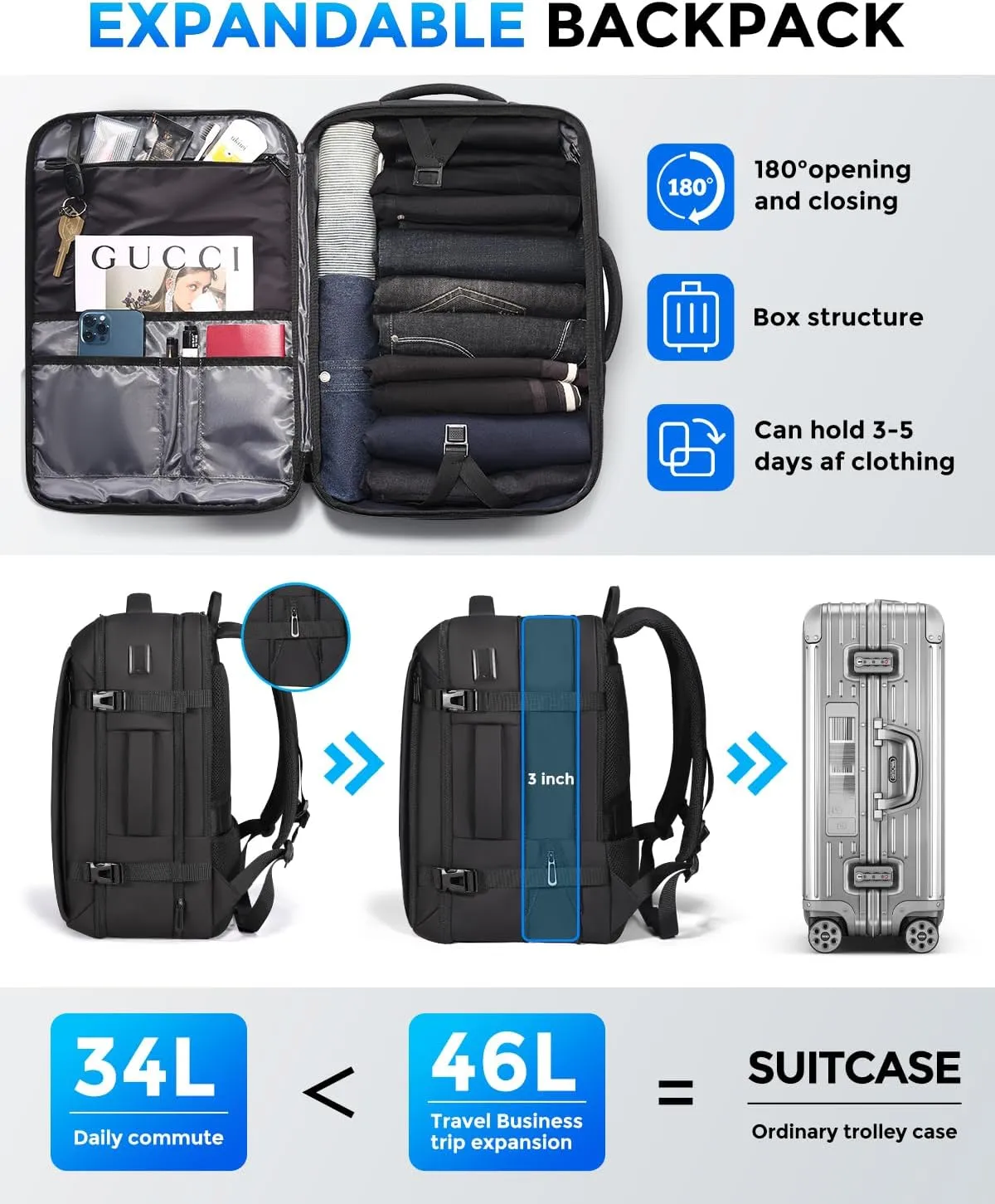 Travel Backpack for Men, Flight Approved Carry On Luggage Backpack with USB Port, Water Resistant Expandable Computer Daypack, 17.3 Inch Black Business Laptop Backpack for College/Work