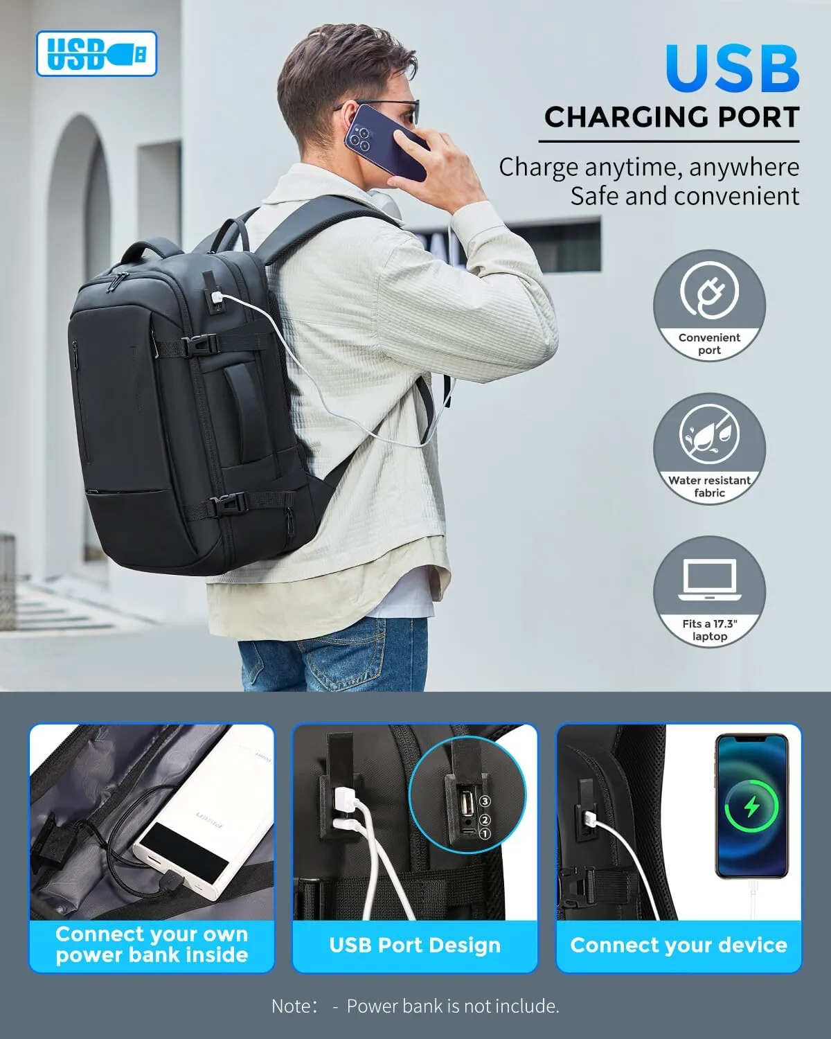 Travel Backpack for Men, Flight Approved Carry On Luggage Backpack with USB Port, Water Resistant Expandable Computer Daypack, 17.3 Inch Black Business Laptop Backpack for College/Work
