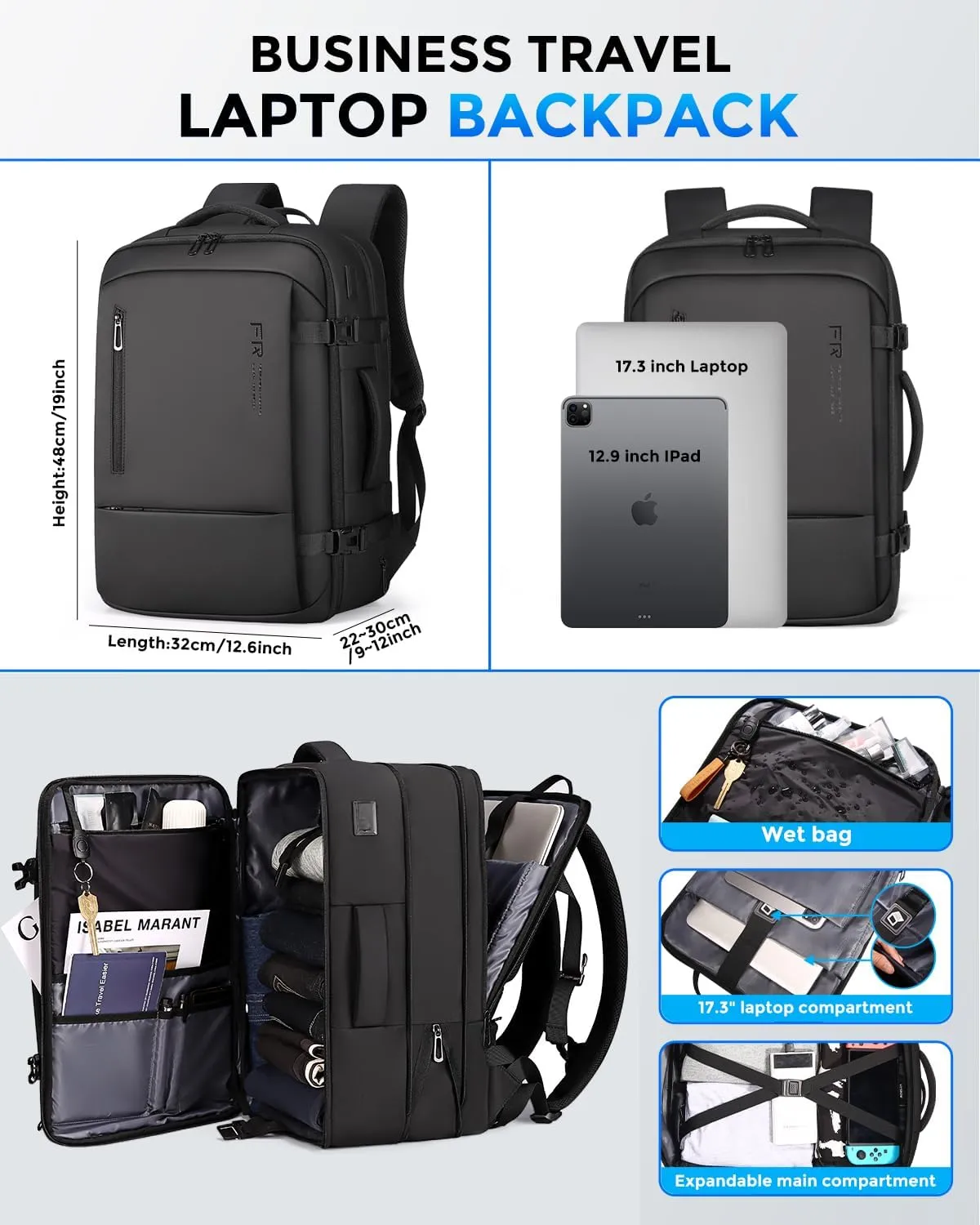 Travel Backpack for Men, Flight Approved Carry On Luggage Backpack with USB Port, Water Resistant Expandable Computer Daypack, 17.3 Inch Black Business Laptop Backpack for College/Work