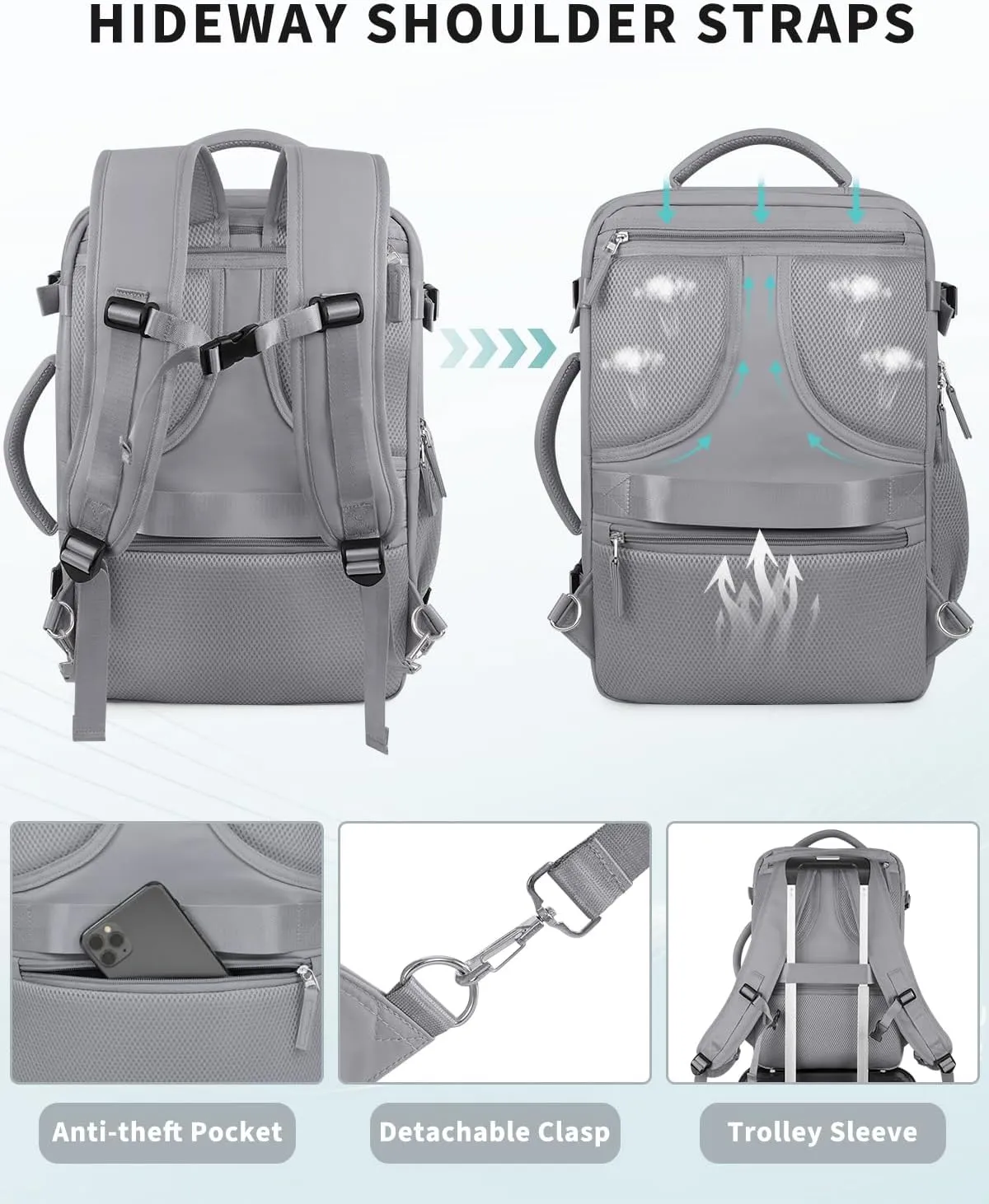 Travel Backpack for Women Men, Carry On Backpacks Expandable 40L Personal Item Bag, 17.3 Inch Laptop Bag, Waterproof Backpack Flight Approved, Nurse Casual Daypack for School, Business, College, Grey