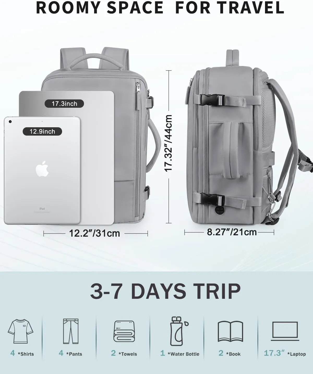 Travel Backpack for Women Men, Carry On Backpacks Expandable 40L Personal Item Bag, 17.3 Inch Laptop Bag, Waterproof Backpack Flight Approved, Nurse Casual Daypack for School, Business, College, Grey