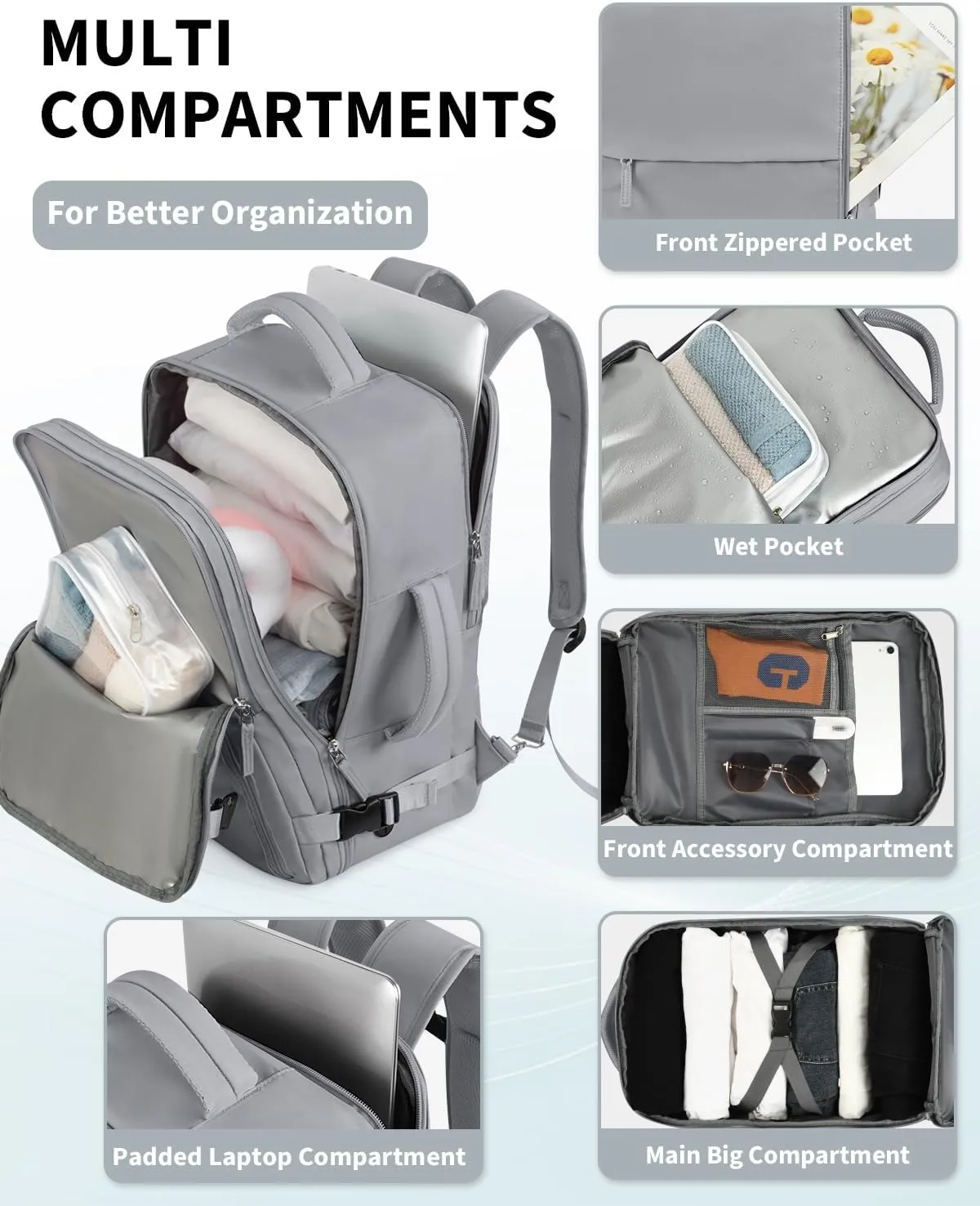 Travel Backpack for Women Men, Carry On Backpacks Expandable 40L Personal Item Bag, 17.3 Inch Laptop Bag, Waterproof Backpack Flight Approved, Nurse Casual Daypack for School, Business, College, Grey