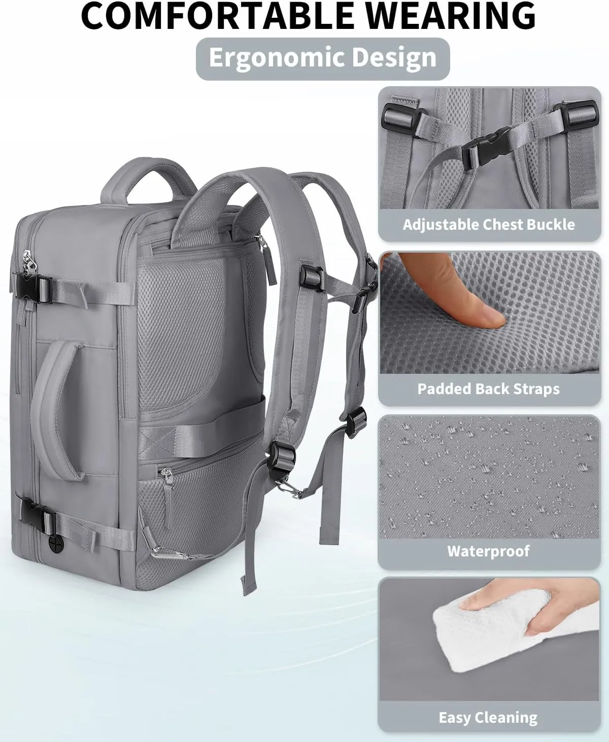 Travel Backpack for Women Men, Carry On Backpacks Expandable 40L Personal Item Bag, 17.3 Inch Laptop Bag, Waterproof Backpack Flight Approved, Nurse Casual Daypack for School, Business, College, Grey