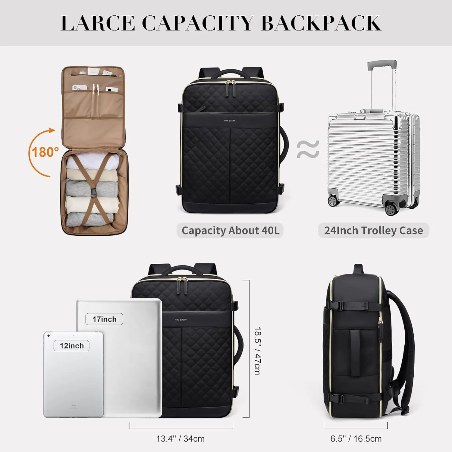 Travel Backpack for Women,Carry On Backpack 17Inch Laptop Backpack Women Casual Daypack for Weekender Business,40L,Black