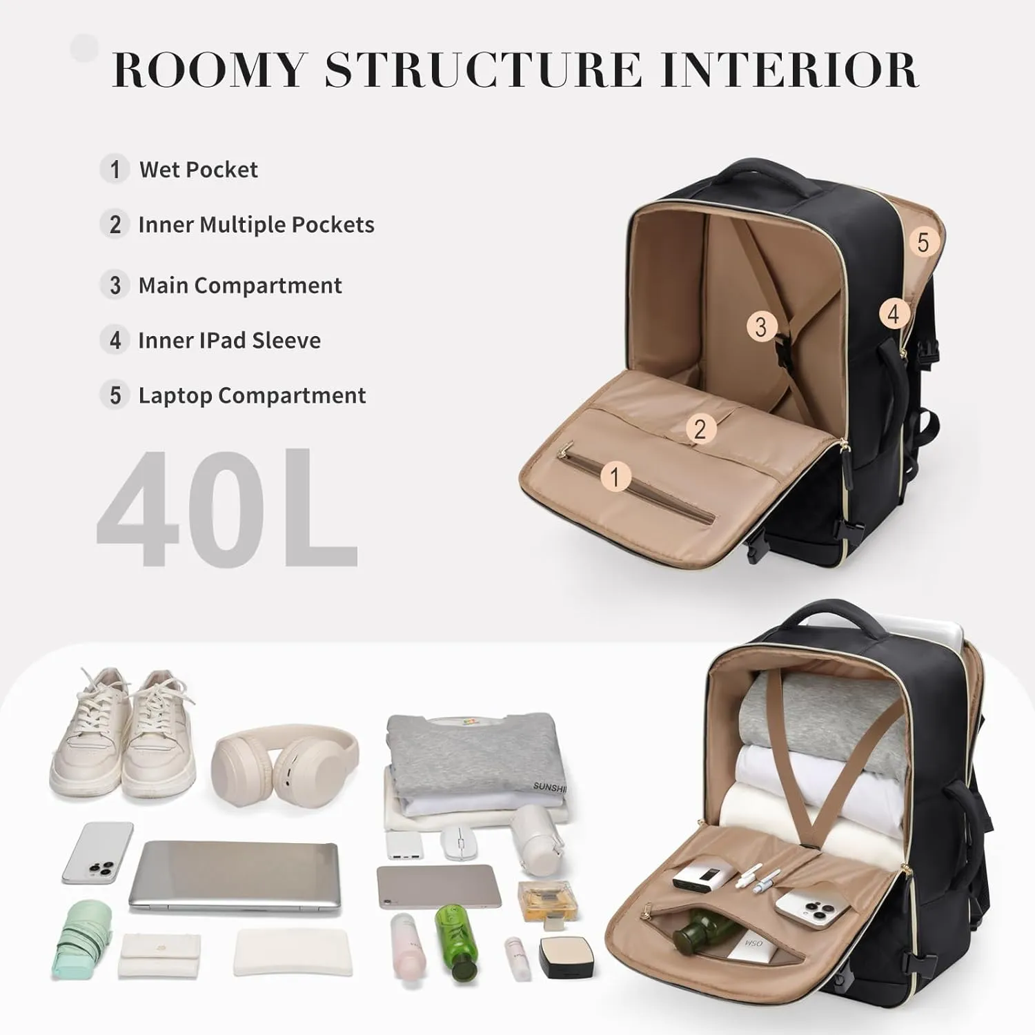 Travel Backpack for Women,Carry On Backpack 17Inch Laptop Backpack Women Casual Daypack for Weekender Business,40L,Black