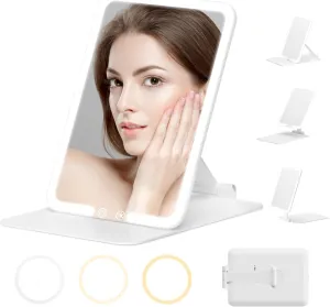 Travel Makeup Mirror with Illumination: Portable Folding Makeup Mirror with 3 Color Light Modes, Rechargeable LED Dresser Mirror