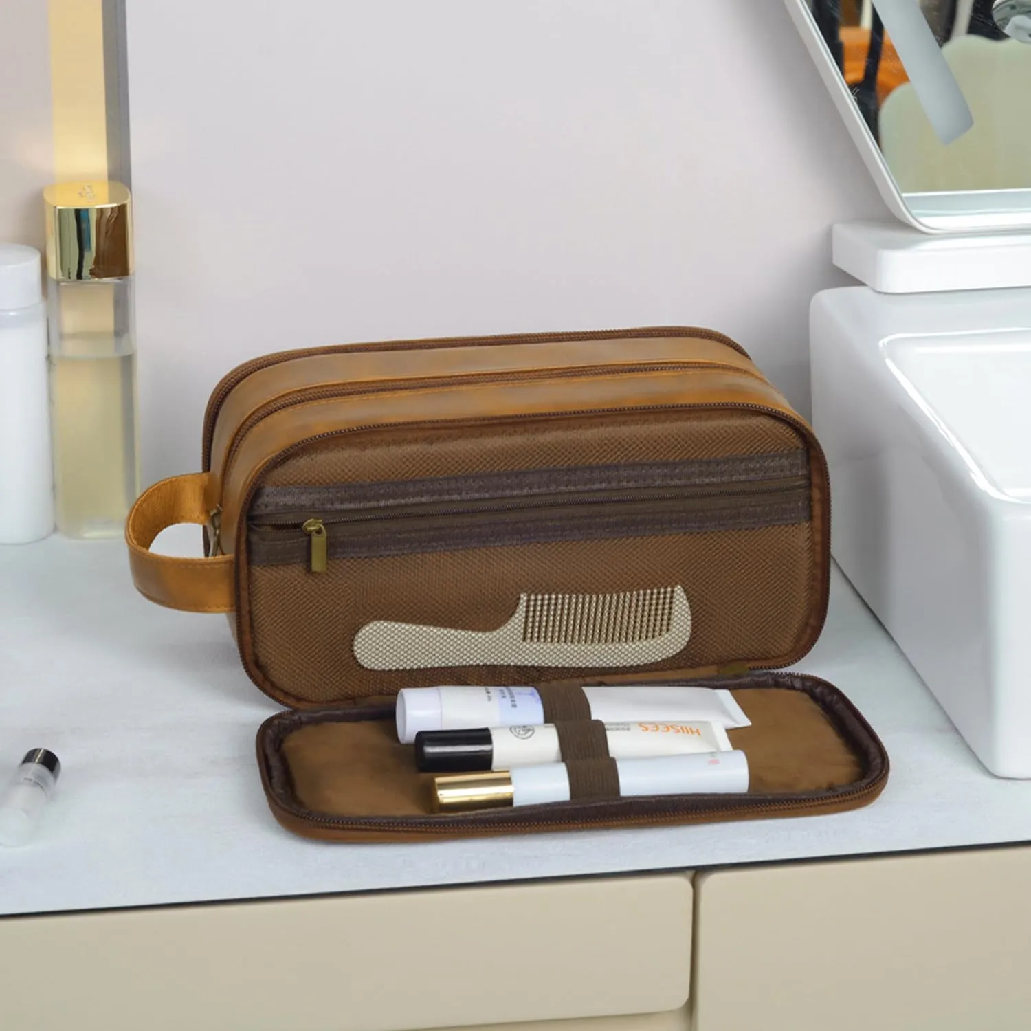 Travel Toiletry Bag for Men Personalized Leather Dopp Kit Bathroom Toiletries Organizer Cosmetic Bags with Side Handle