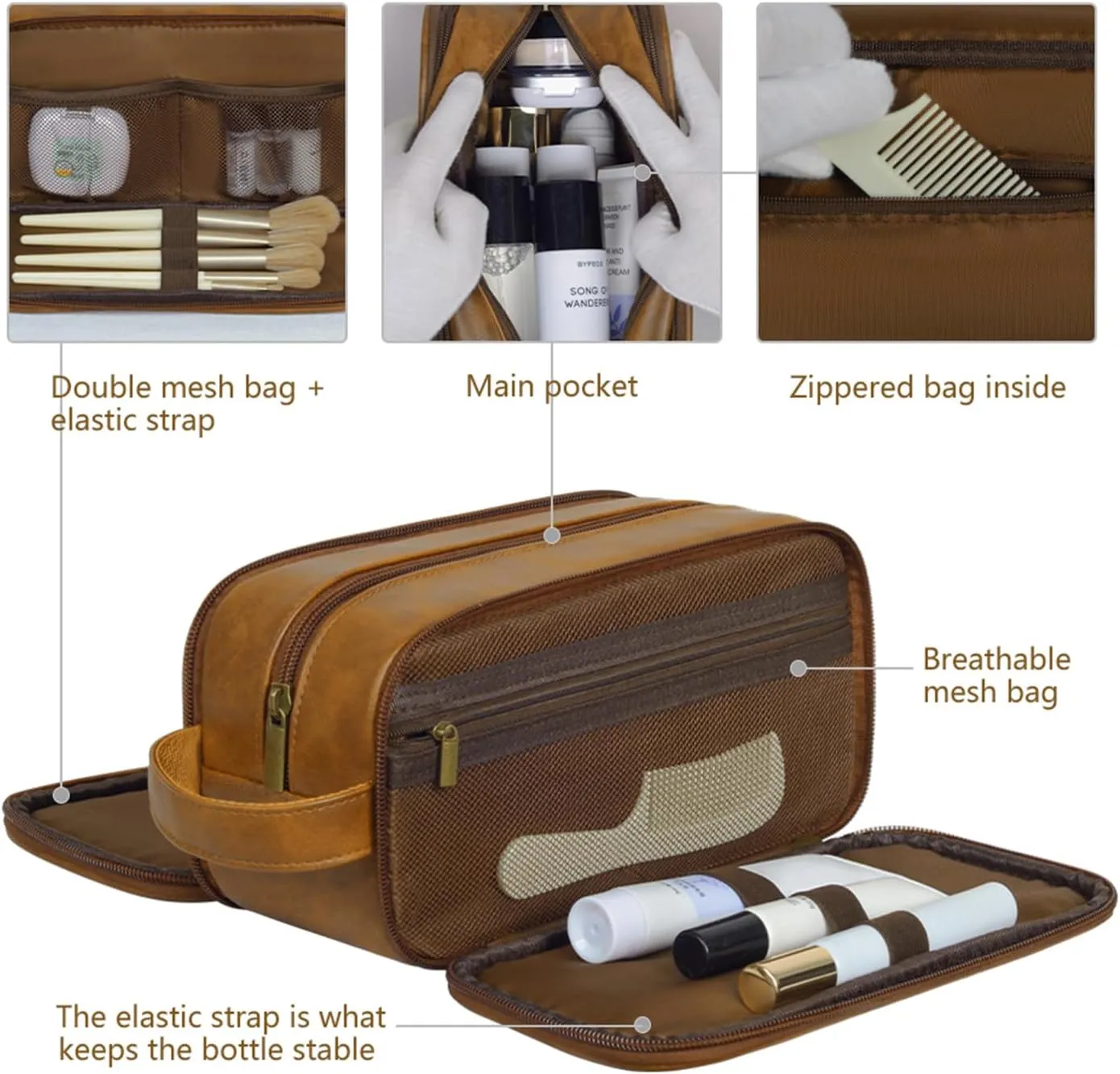Travel Toiletry Bag for Men Personalized Leather Dopp Kit Bathroom Toiletries Organizer Cosmetic Bags with Side Handle