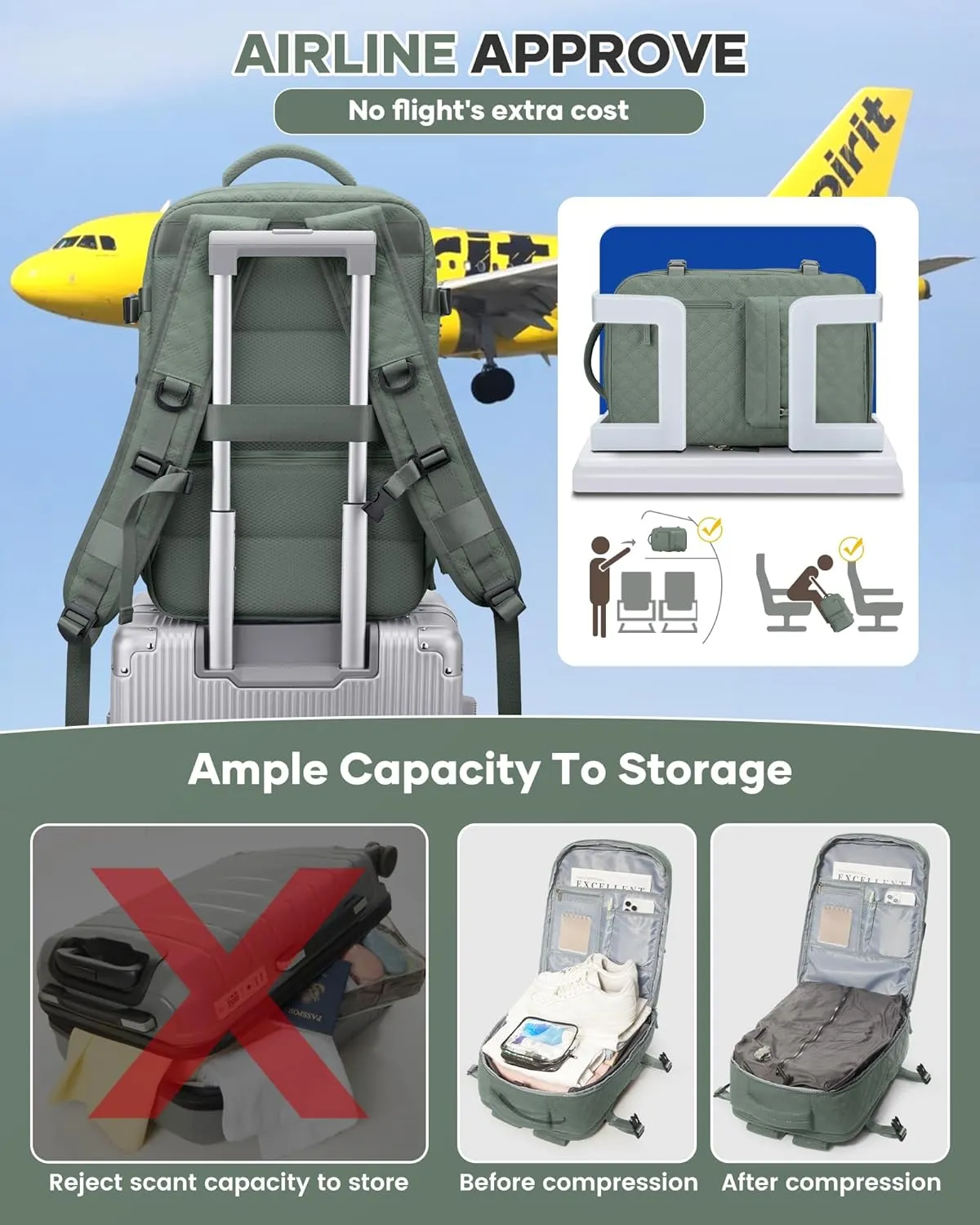 Travel Vacuum Storage Backpack with Air Pump Vacuum Seal Compression Space Saver Bags Clothing Vacpack Airback 18x14x8 inches Travel Bag Carry on Personal item Laptop Work Backpacks Women DarkGreen
