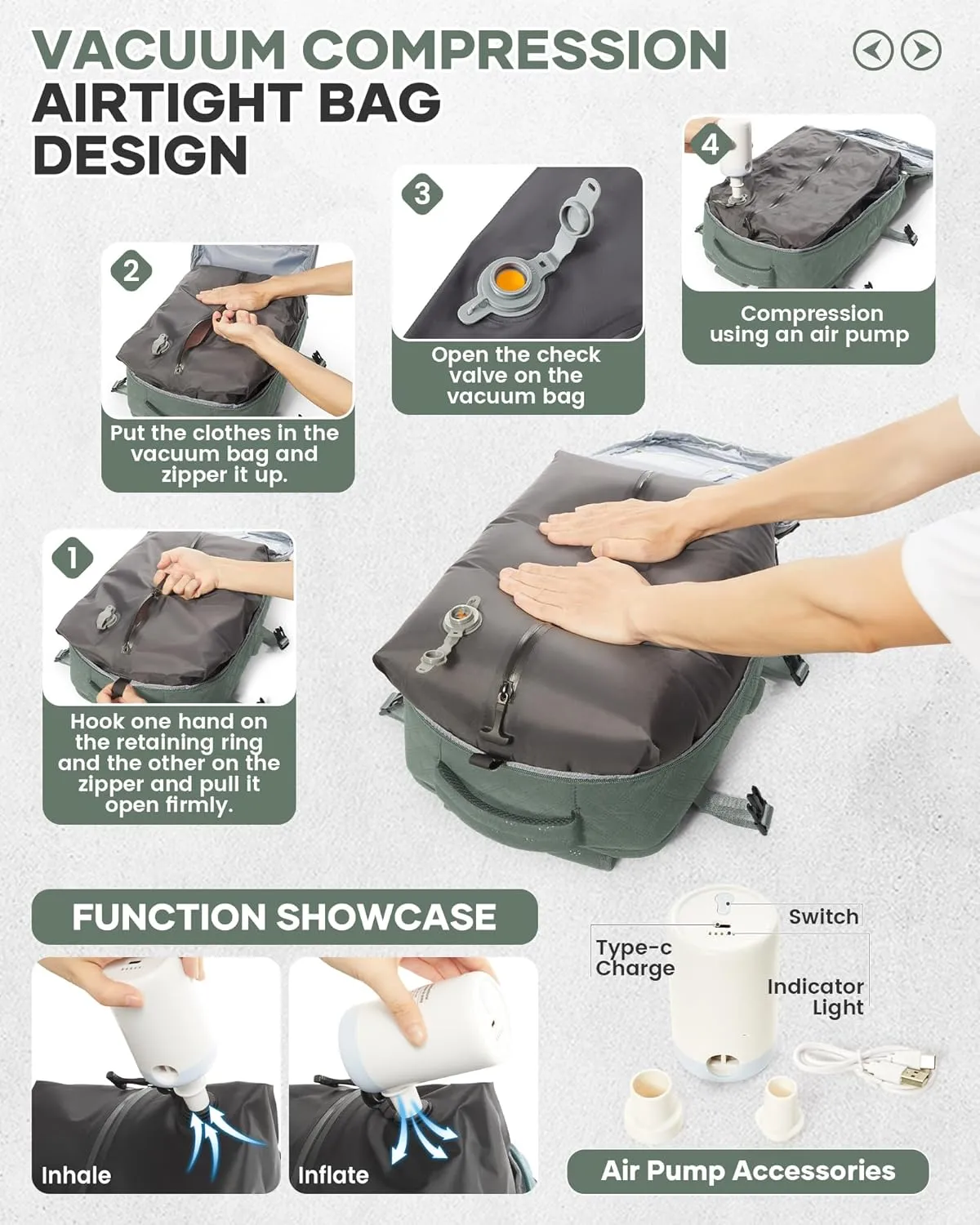 Travel Vacuum Storage Backpack with Air Pump Vacuum Seal Compression Space Saver Bags Clothing Vacpack Airback 18x14x8 inches Travel Bag Carry on Personal item Laptop Work Backpacks Women DarkGreen