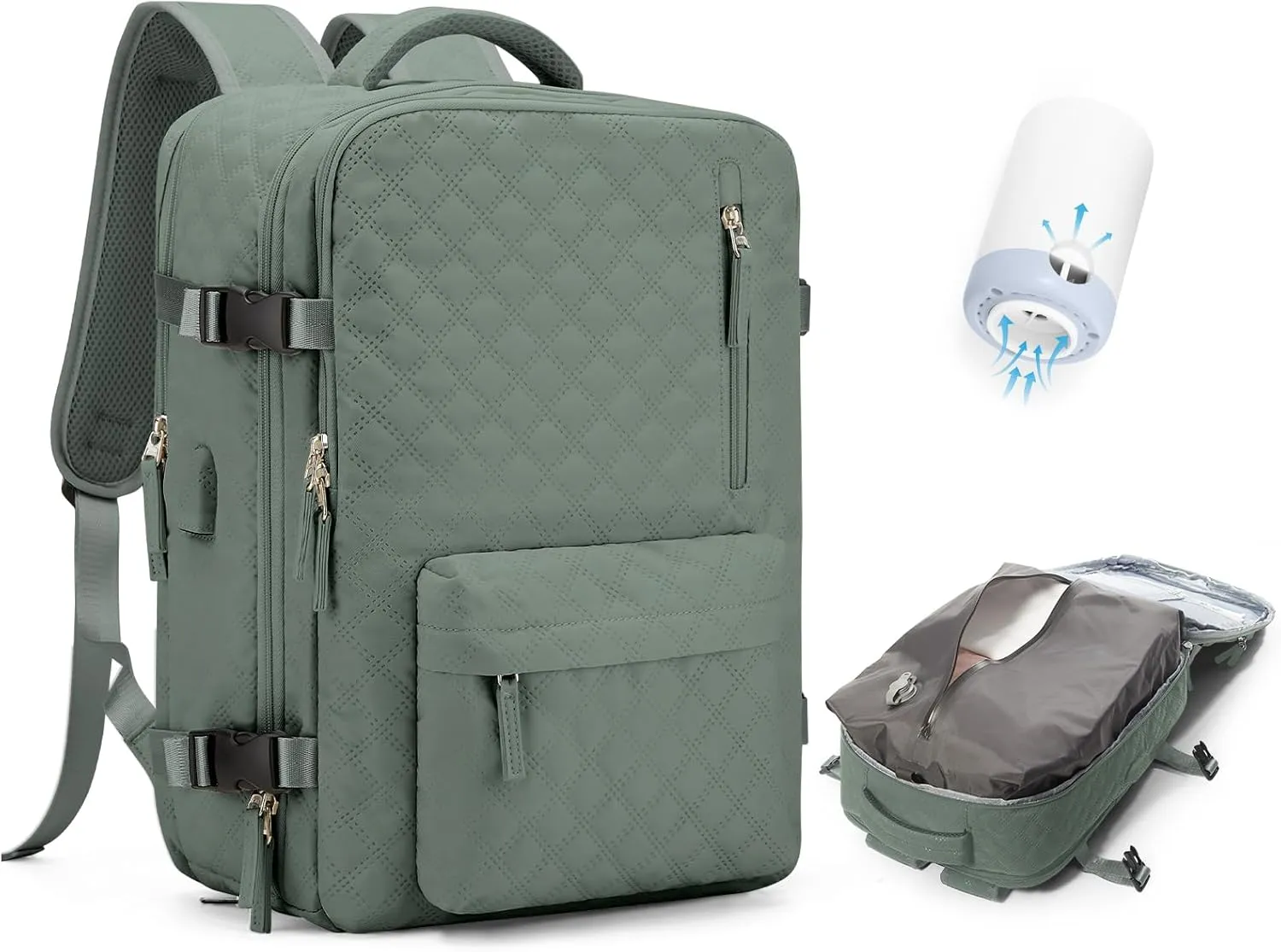 Travel Vacuum Storage Backpack with Air Pump Vacuum Seal Compression Space Saver Bags Clothing Vacpack Airback 18x14x8 inches Travel Bag Carry on Personal item Laptop Work Backpacks Women DarkGreen