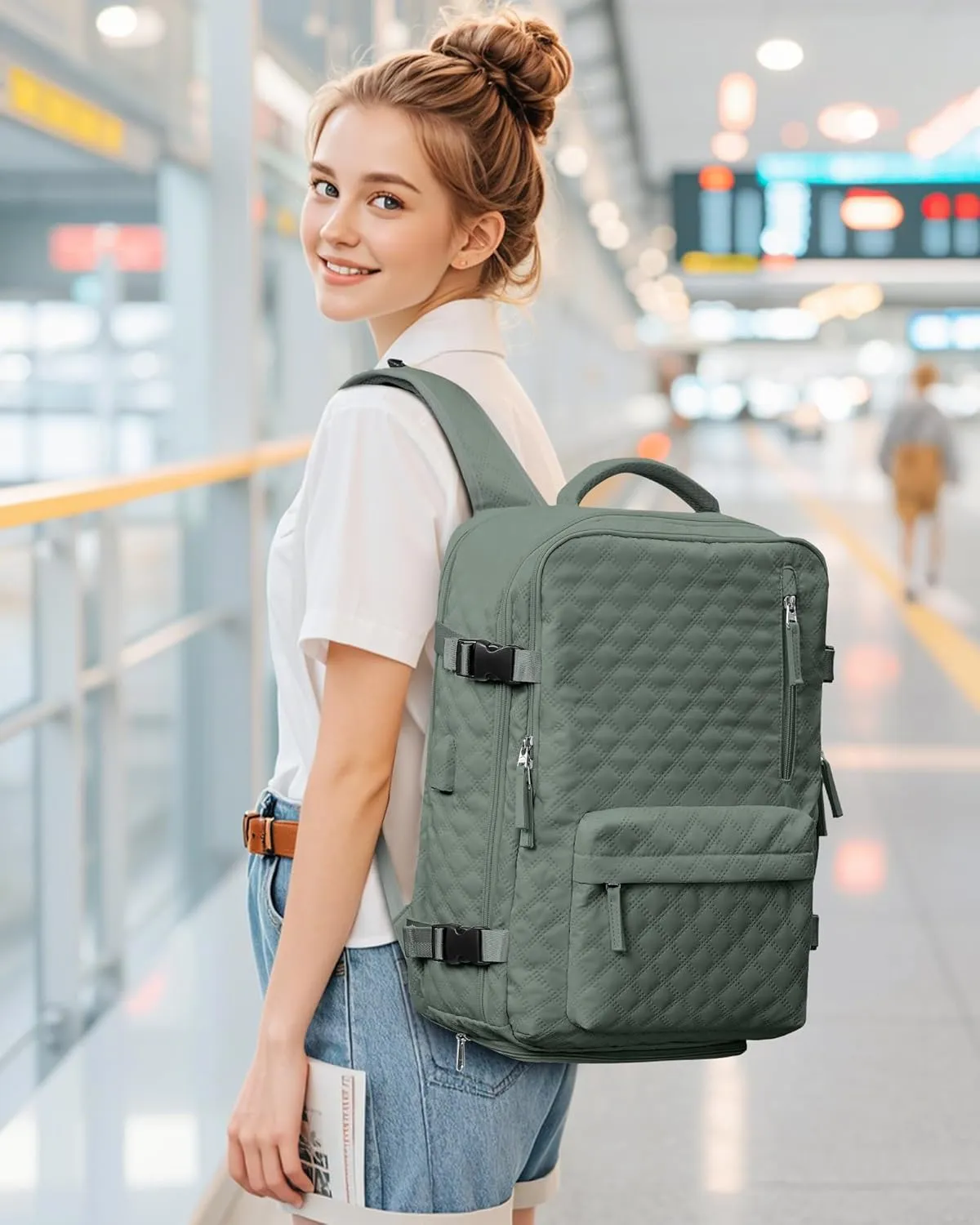 Travel Vacuum Storage Backpack with Air Pump Vacuum Seal Compression Space Saver Bags Clothing Vacpack Airback 18x14x8 inches Travel Bag Carry on Personal item Laptop Work Backpacks Women DarkGreen