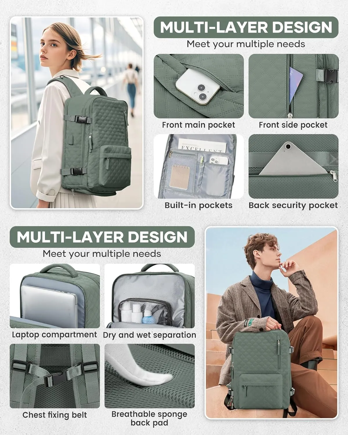 Travel Vacuum Storage Backpack with Air Pump Vacuum Seal Compression Space Saver Bags Clothing Vacpack Airback 18x14x8 inches Travel Bag Carry on Personal item Laptop Work Backpacks Women DarkGreen