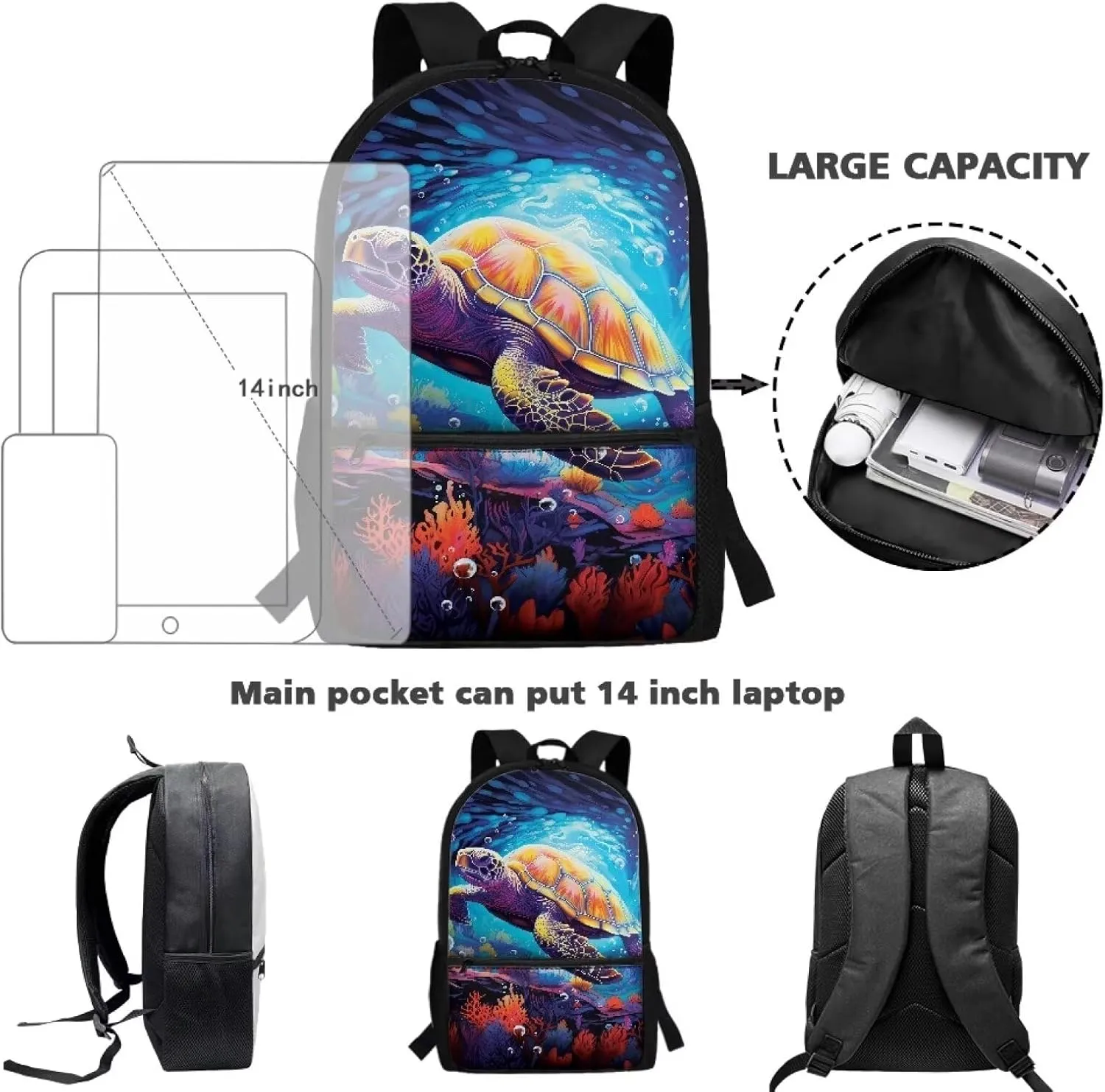 Turtle 5th Grade Backpack Boys Schoolbag 10-12 Kids Large Book Bags 17 Inch Travel Laptop Backpacks Lightweight School Bag Student Camping Rucksack for Elementary School School Supplies