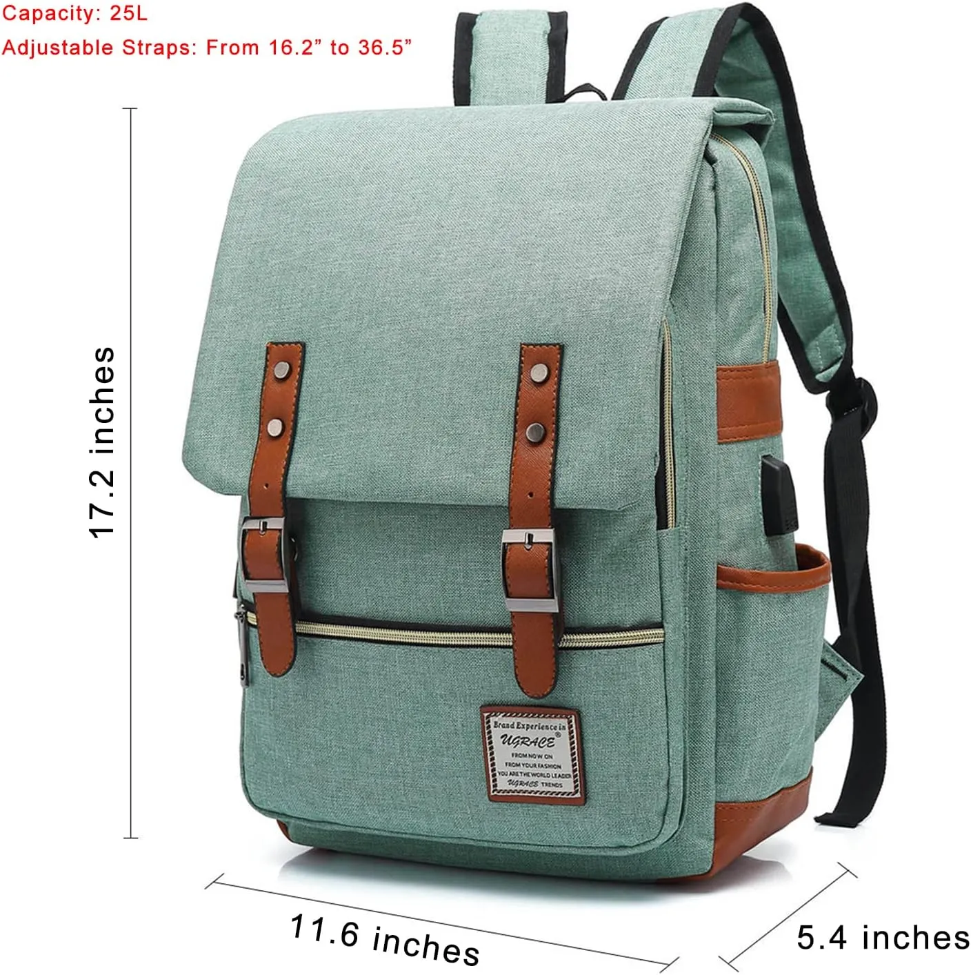UGRACE Vintage Laptop Backpack with USB Charging Port, Water Resistant Travelling Backpacks College Bag for Men Women, Fits up to 15.6Inch Laptop in Green