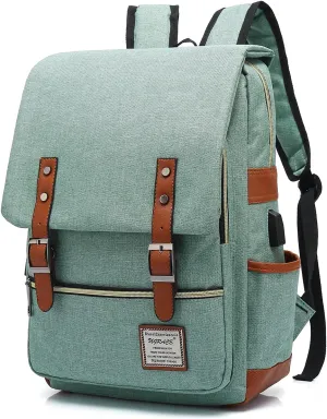 UGRACE Vintage Laptop Backpack with USB Charging Port, Water Resistant Travelling Backpacks College Bag for Men Women, Fits up to 15.6Inch Laptop in Green