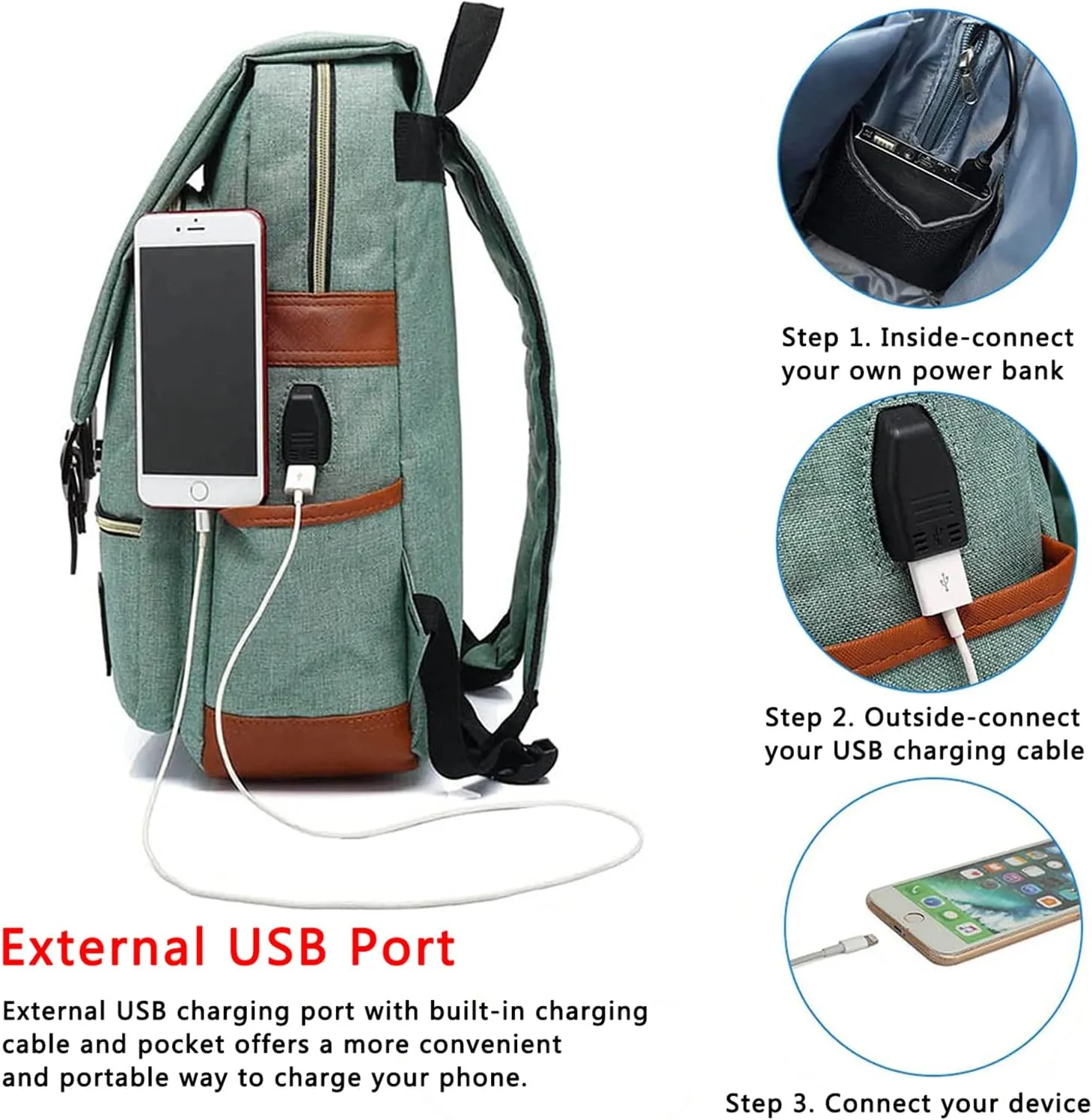 UGRACE Vintage Laptop Backpack with USB Charging Port, Water Resistant Travelling Backpacks College Bag for Men Women, Fits up to 15.6Inch Laptop in Green