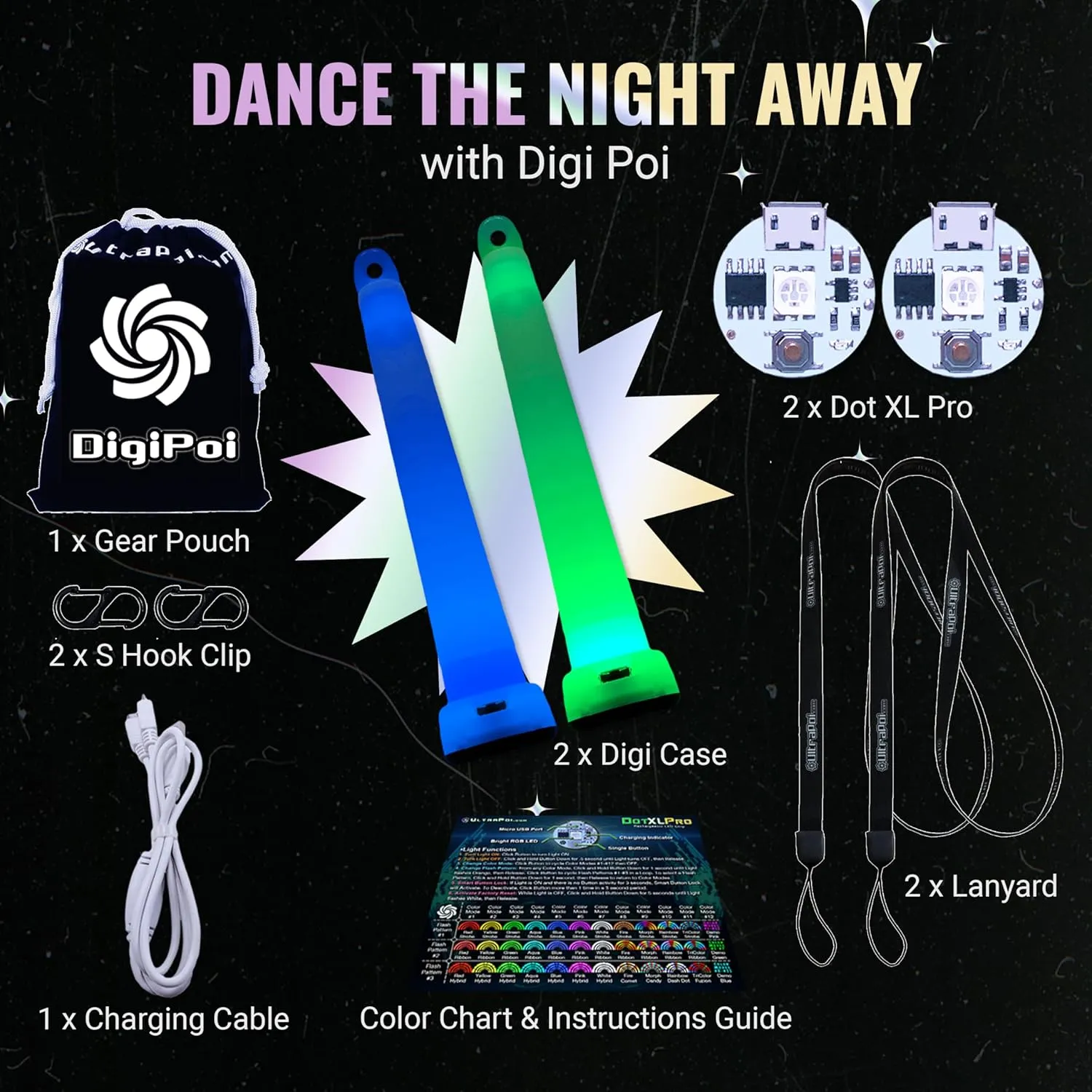 UltraPoi Digi Poi Set - Rechargeable Pocket LED Glow Stick Poi - Rainbow Light Stick with S Hook Clip & Lanyard - Customizable & Wearable LED Concert Light Stick for Poi, Camping, Backpacks & Parties