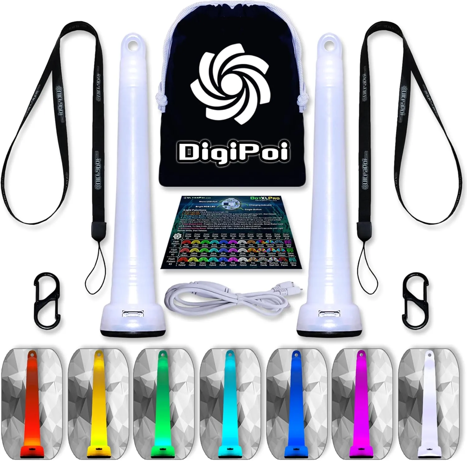 UltraPoi Digi Poi Set - Rechargeable Pocket LED Glow Stick Poi - Rainbow Light Stick with S Hook Clip & Lanyard - Customizable & Wearable LED Concert Light Stick for Poi, Camping, Backpacks & Parties