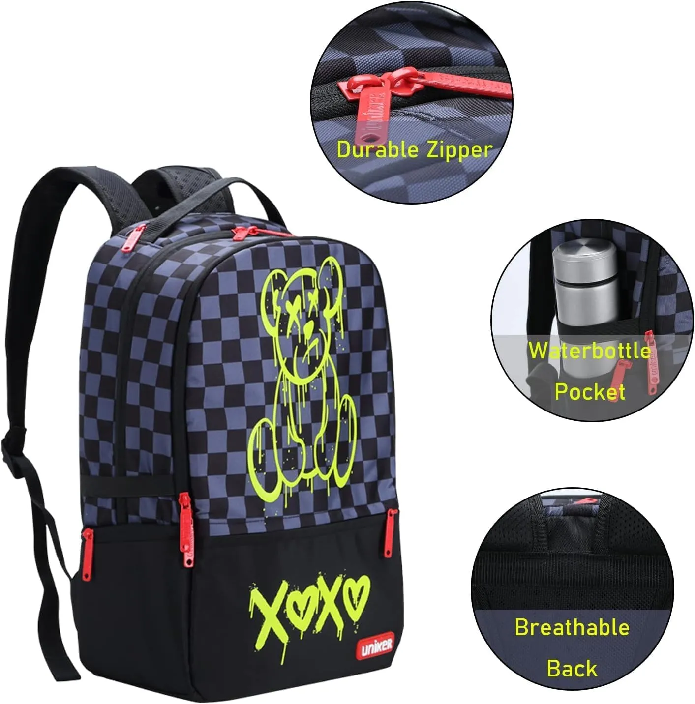UNIKER Cool Backpack and Carry-on 2Pcs Set,2 in 1 Daypack and Cosmetic Bag, Lightweight Graphic Backpacks for Men Travel, Laptop Backpack with with USB Port,Mochilas Black Bear
