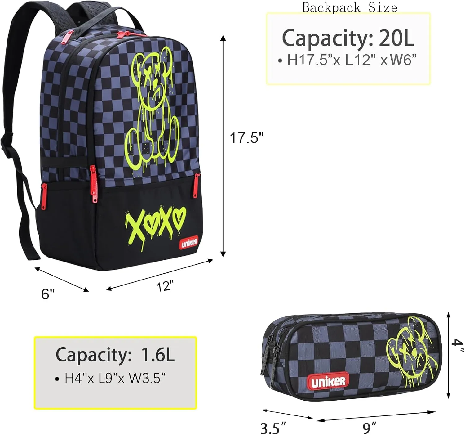 UNIKER Cool Backpack and Carry-on 2Pcs Set,2 in 1 Daypack and Cosmetic Bag, Lightweight Graphic Backpacks for Men Travel, Laptop Backpack with with USB Port,Mochilas Black Bear