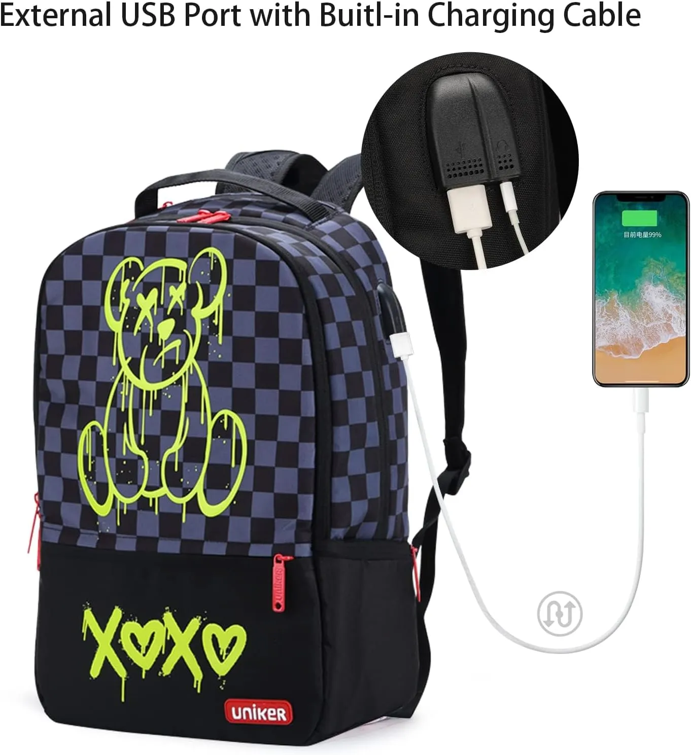 UNIKER Cool Backpack and Carry-on 2Pcs Set,2 in 1 Daypack and Cosmetic Bag, Lightweight Graphic Backpacks for Men Travel, Laptop Backpack with with USB Port,Mochilas Black Bear
