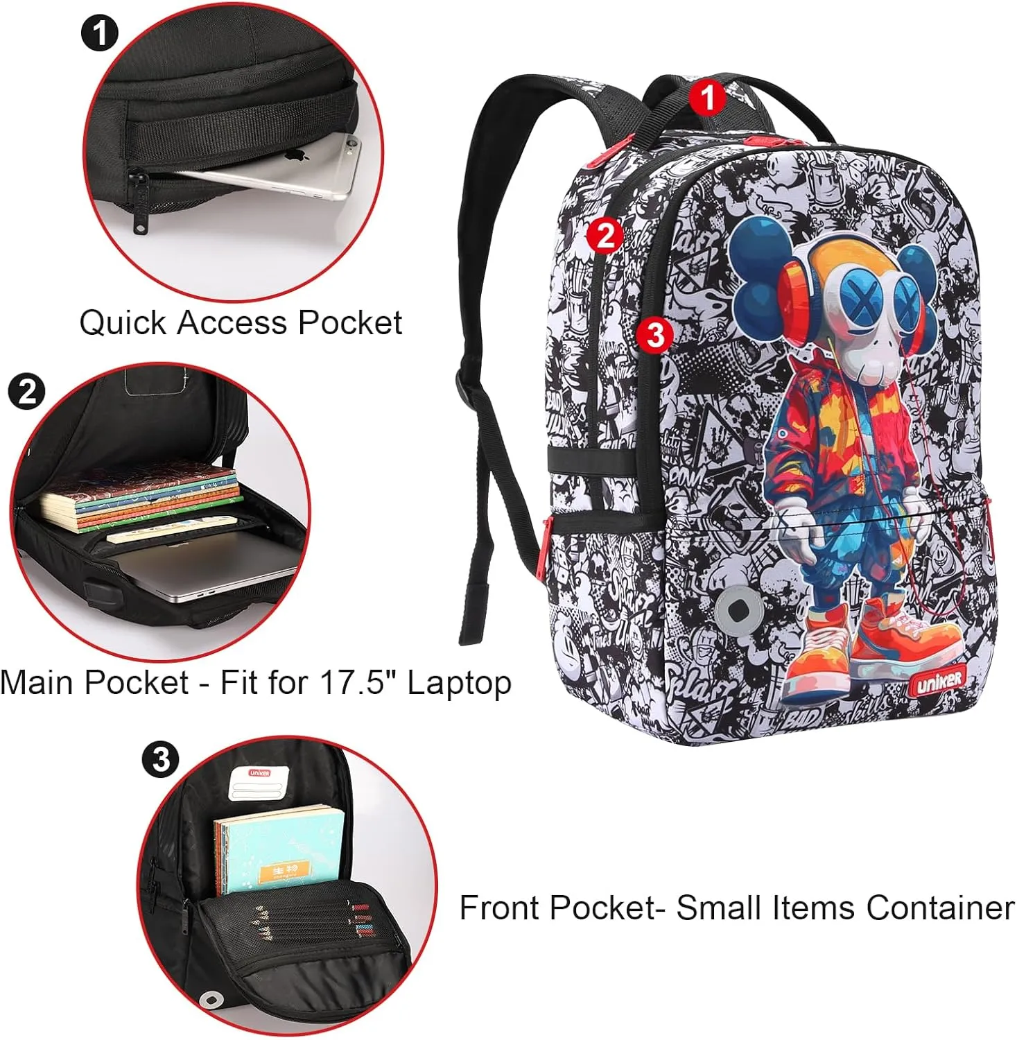 UNIKER Graffiti Backpack for School,Casual Daypack,Designer Laptop Backpack for 15.6 Inch Laptop