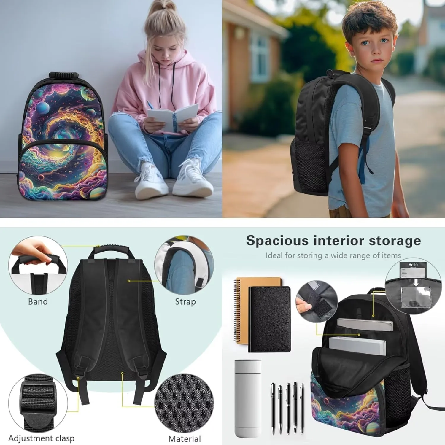 Universe Boys Black Backpacks Set for School,Planet Print School Bags Bookbags for Teenage Boys,with Crossbody Bag,3 Pieces