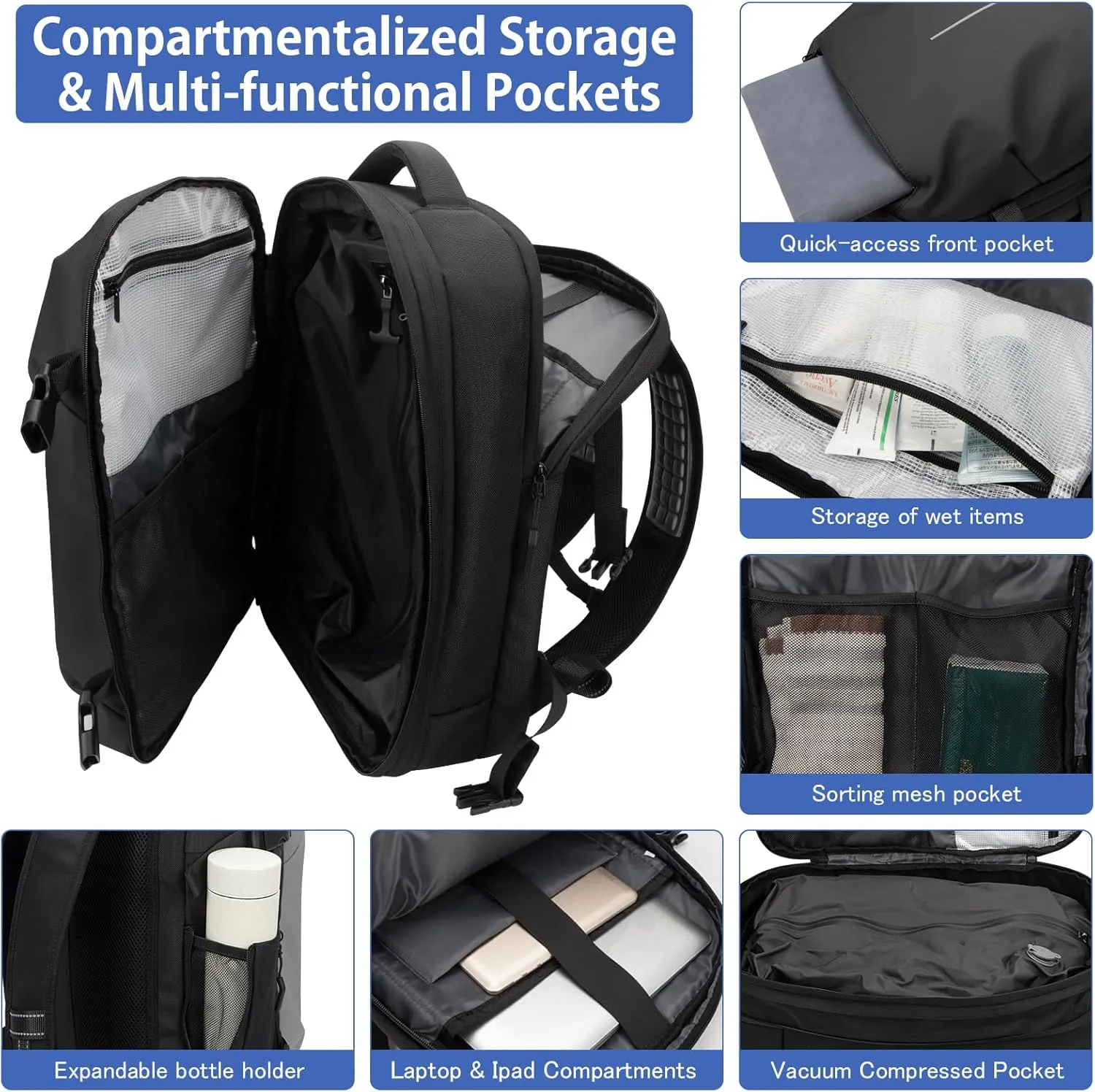 Vacuum Backpack Travel, Lightweight Waterproof Airback with Pump, 60L Expandable Compression Bag for Travel, TSA Friendly Flight Approved, Work, Business Trip, Commute